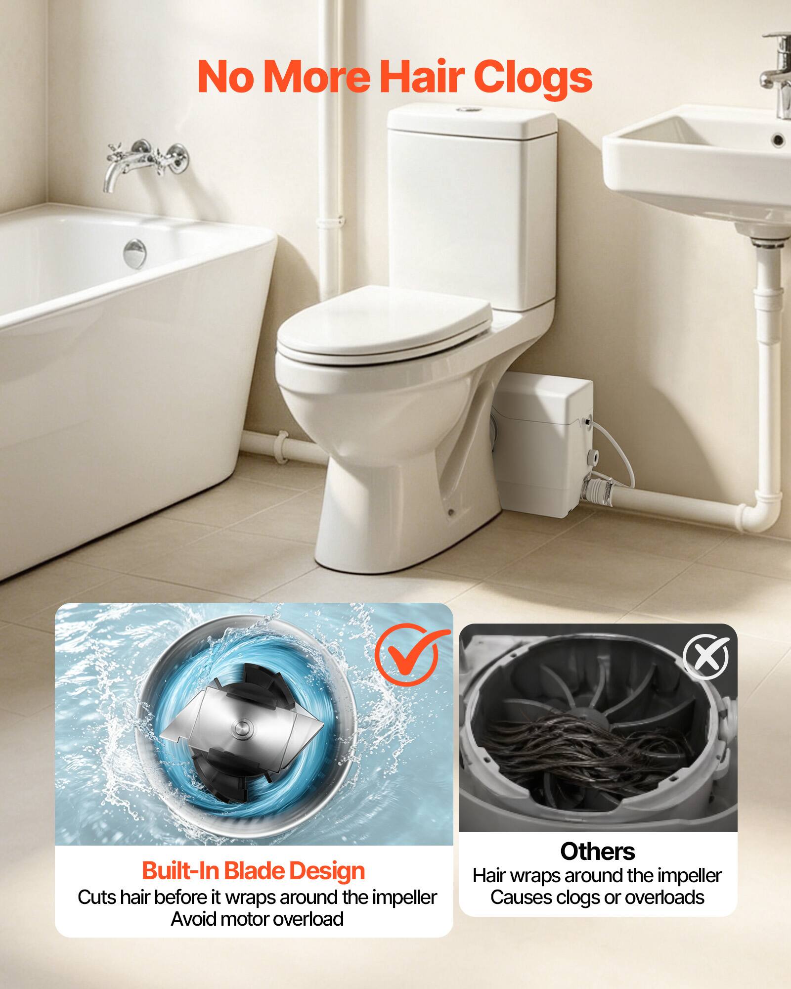 No More Hair Clogs

Built-In Blade Design
Cuts hair before it wraps around the impeller
Avoid motor overload

Others
Hair wraps around the impeller
Causes clogs or overloads
