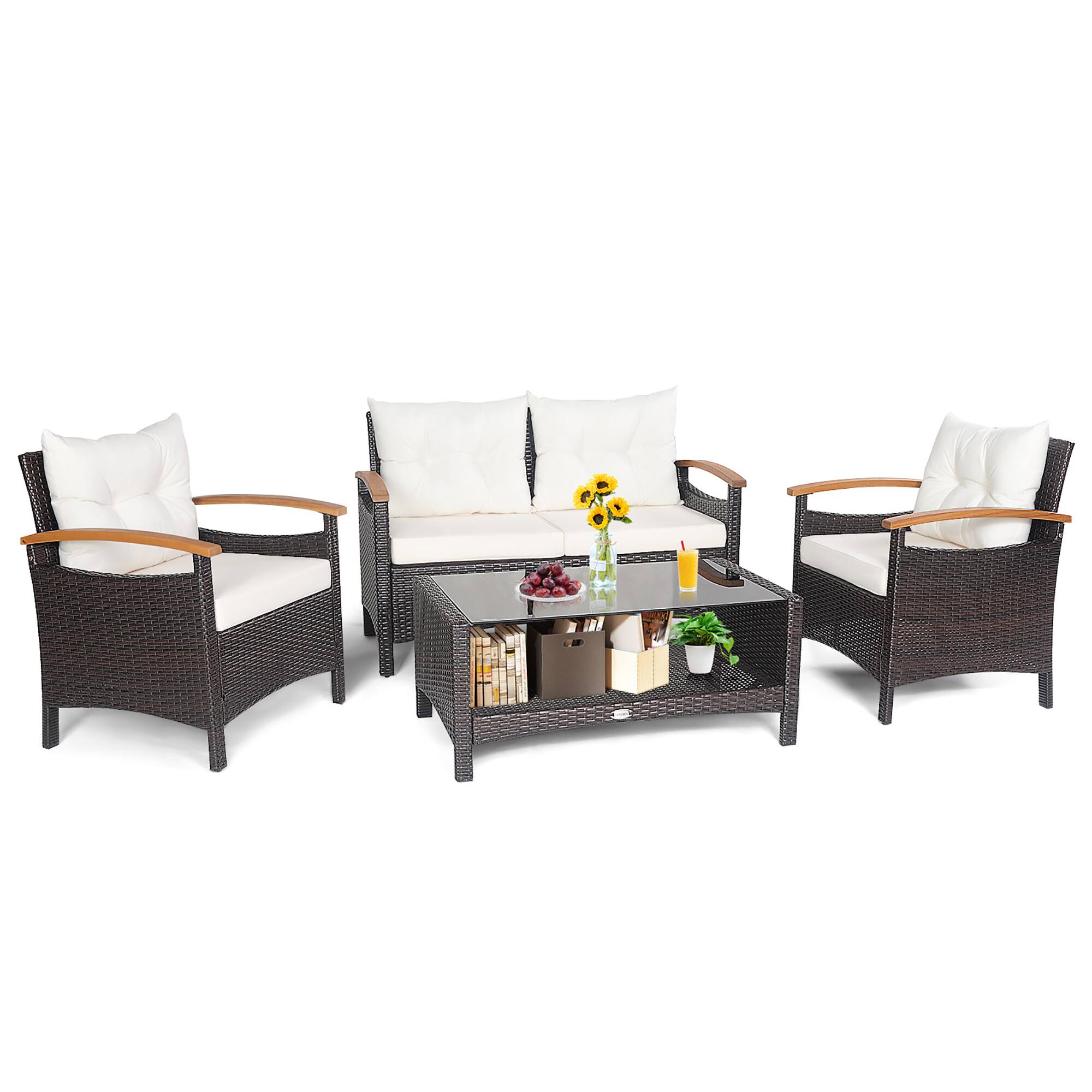 Alt View 3. Costway - Costway 4PCS Patio Rattan Conversation Set Cushioned Sofa Storage Table - Mixed Brown/Off White.