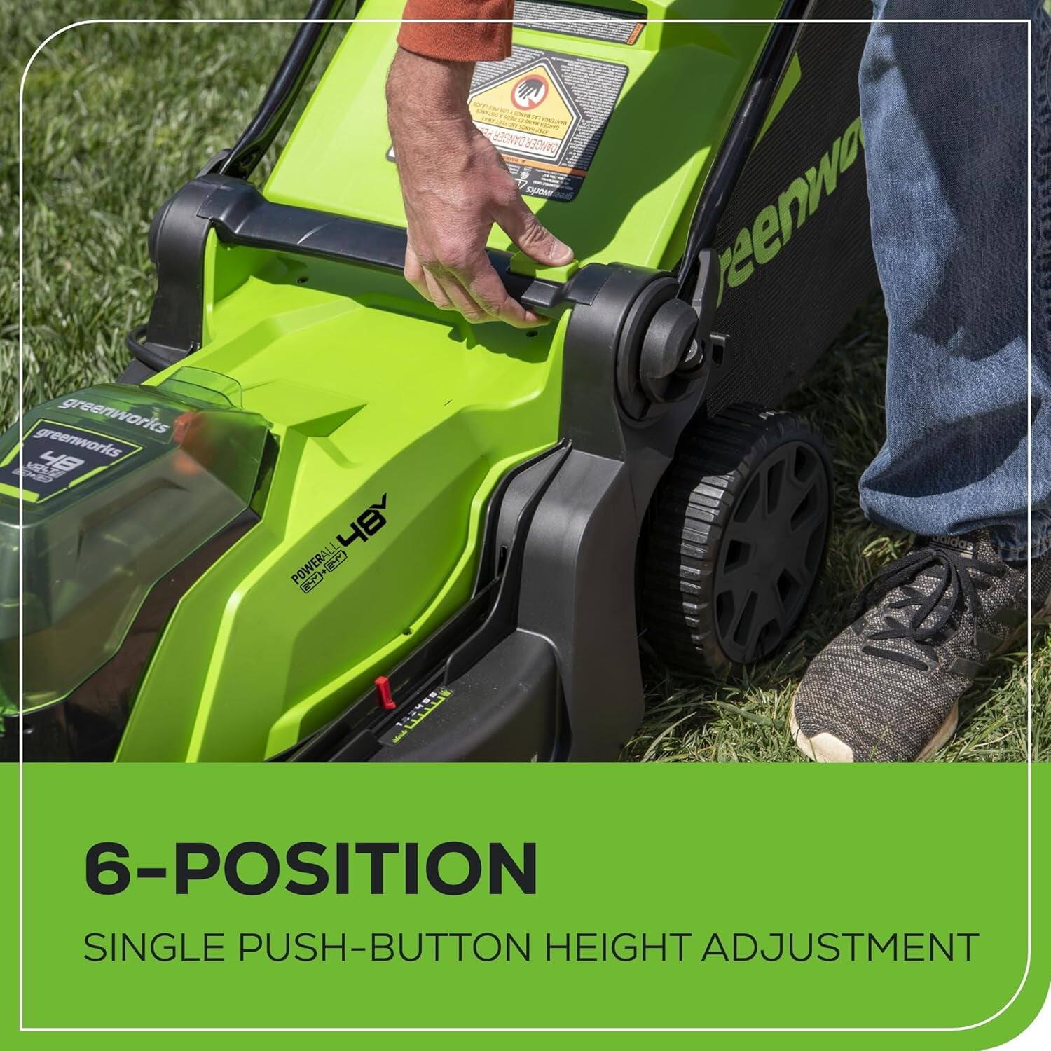 Greenworks ME 4B 48Y POWERALL GP  
6-Position Single Push-Button Height Adjustment