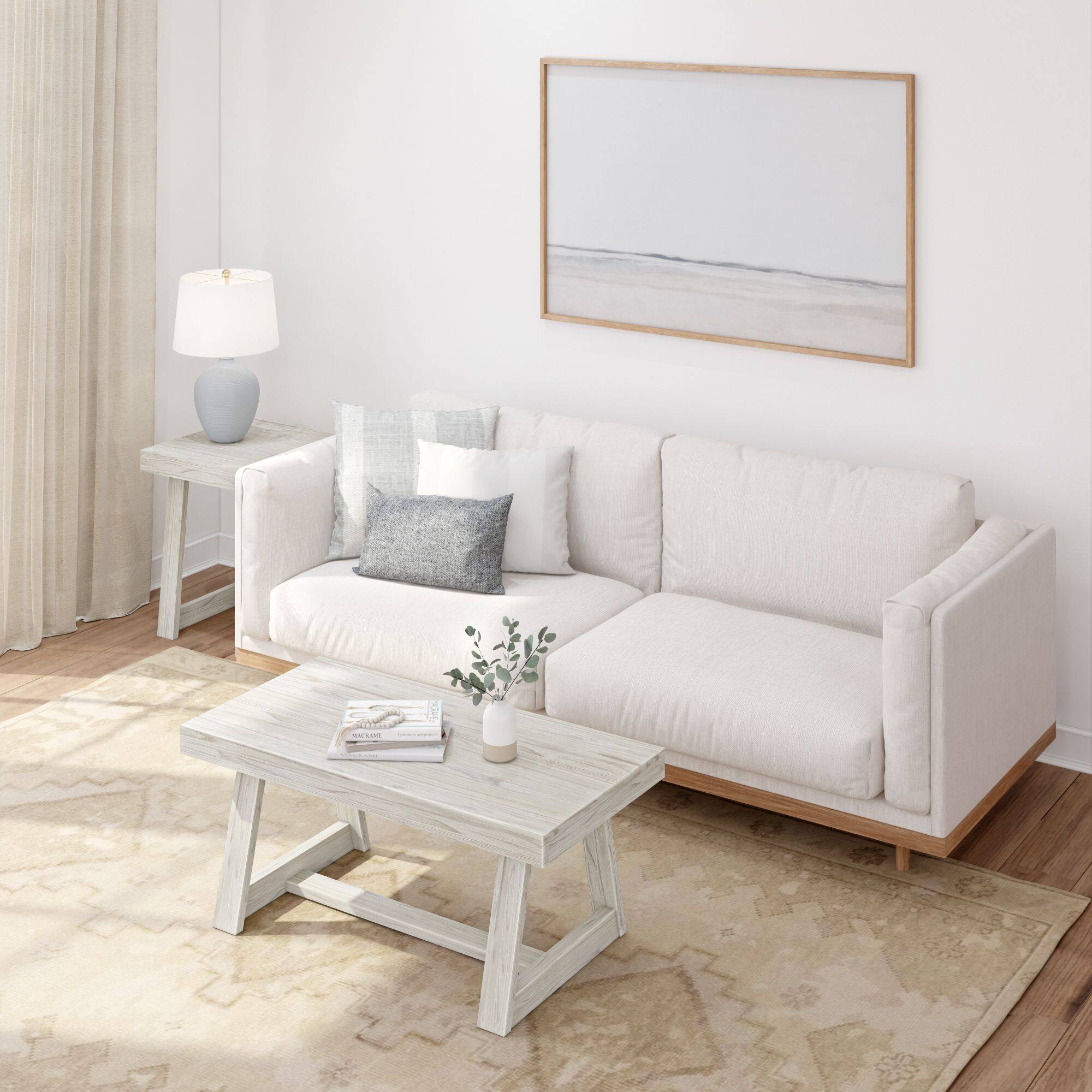 Alt View 5. Plank+Beam - Classic Rectangular Coffee Table (40in x 20in / 1020mm x 510mm), White Sand Wirebrush - White Sand Wirebrush.