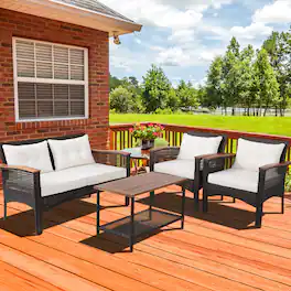 Gymax - 4PCS Rattan Patio Furniture Set Acacia Wood Outdoor Conversation Set w/ Cushions - Off White