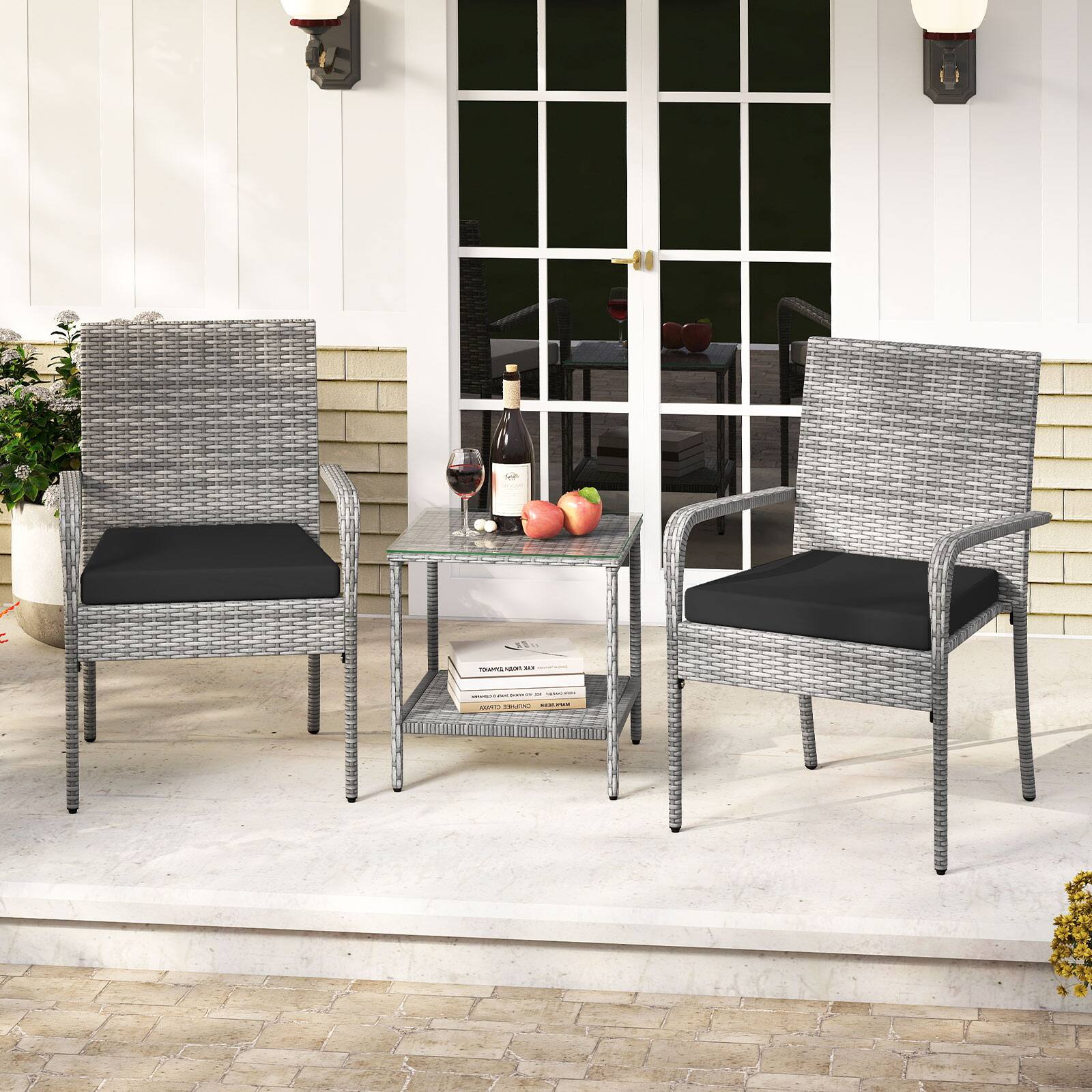 Alt View 1. Gymax - Gymax 3 Pieces Patio Furniture Set PE Rattan Porch Chairs w/ 2-Tier Table Black - Black.