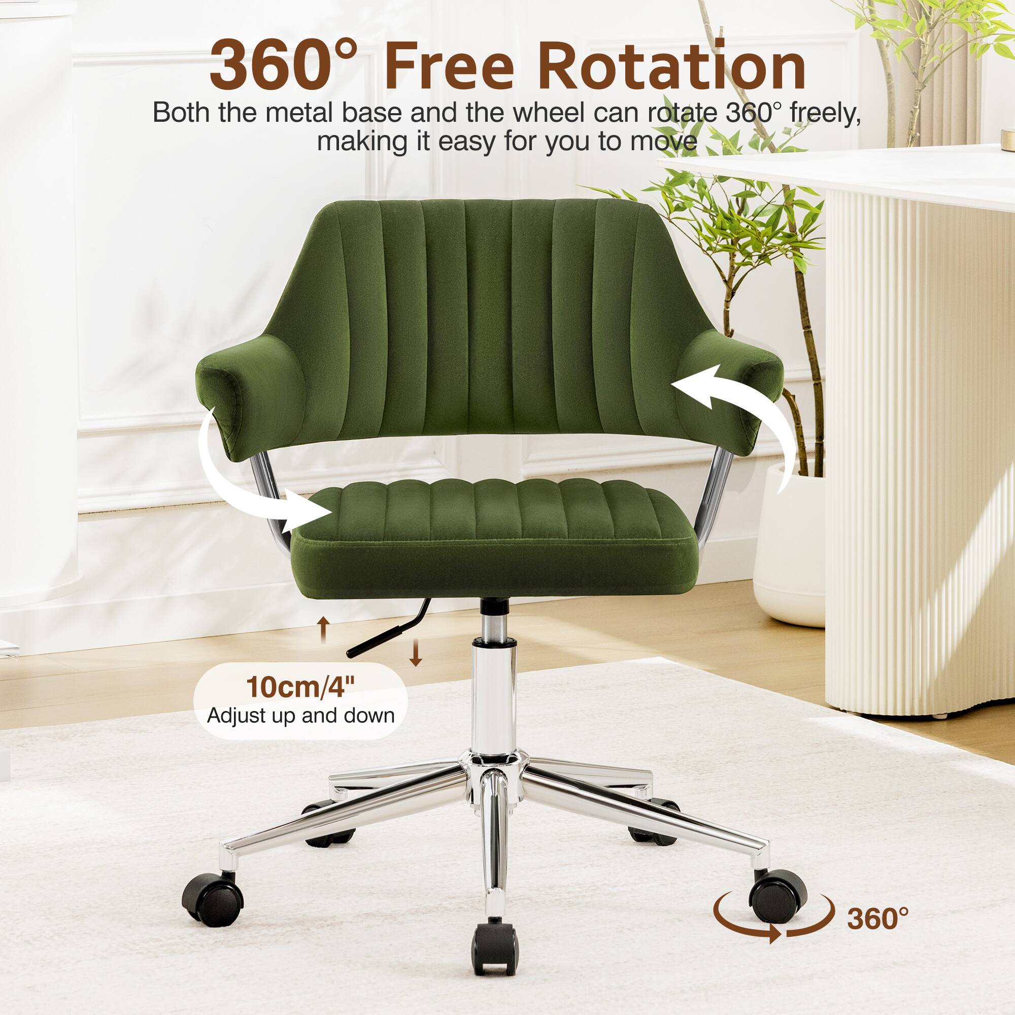 360° Free Rotation  
Both the metal base and the wheel can rotate 360° freely, making it easy for you to move  

10cm/4"  
Adjust up and down