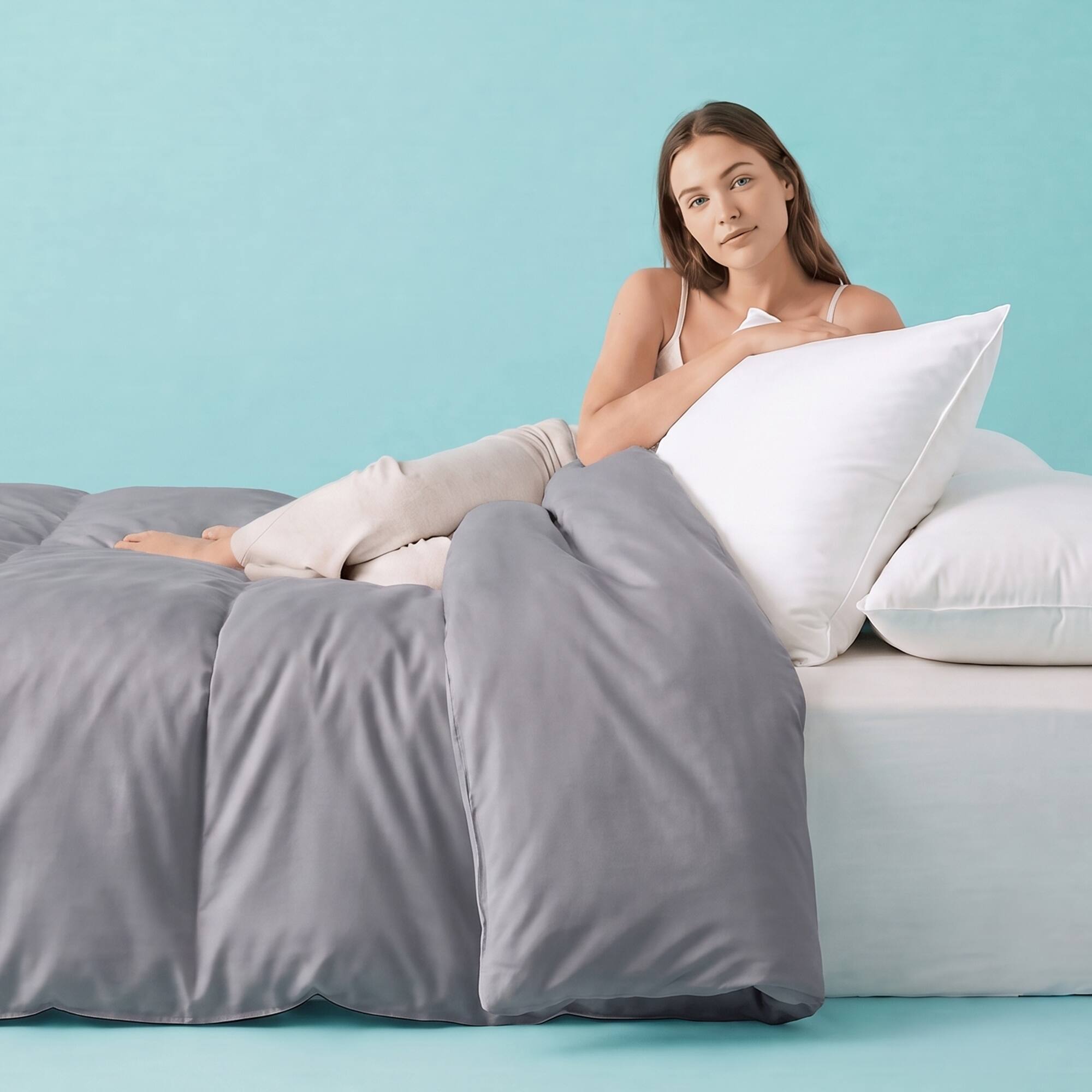 Alt View 3. Sleepgram - Sleepgram Supima 400 Thread Count Cotton Duvet Cover and Travel Bag, Queen, Grey - Grey.