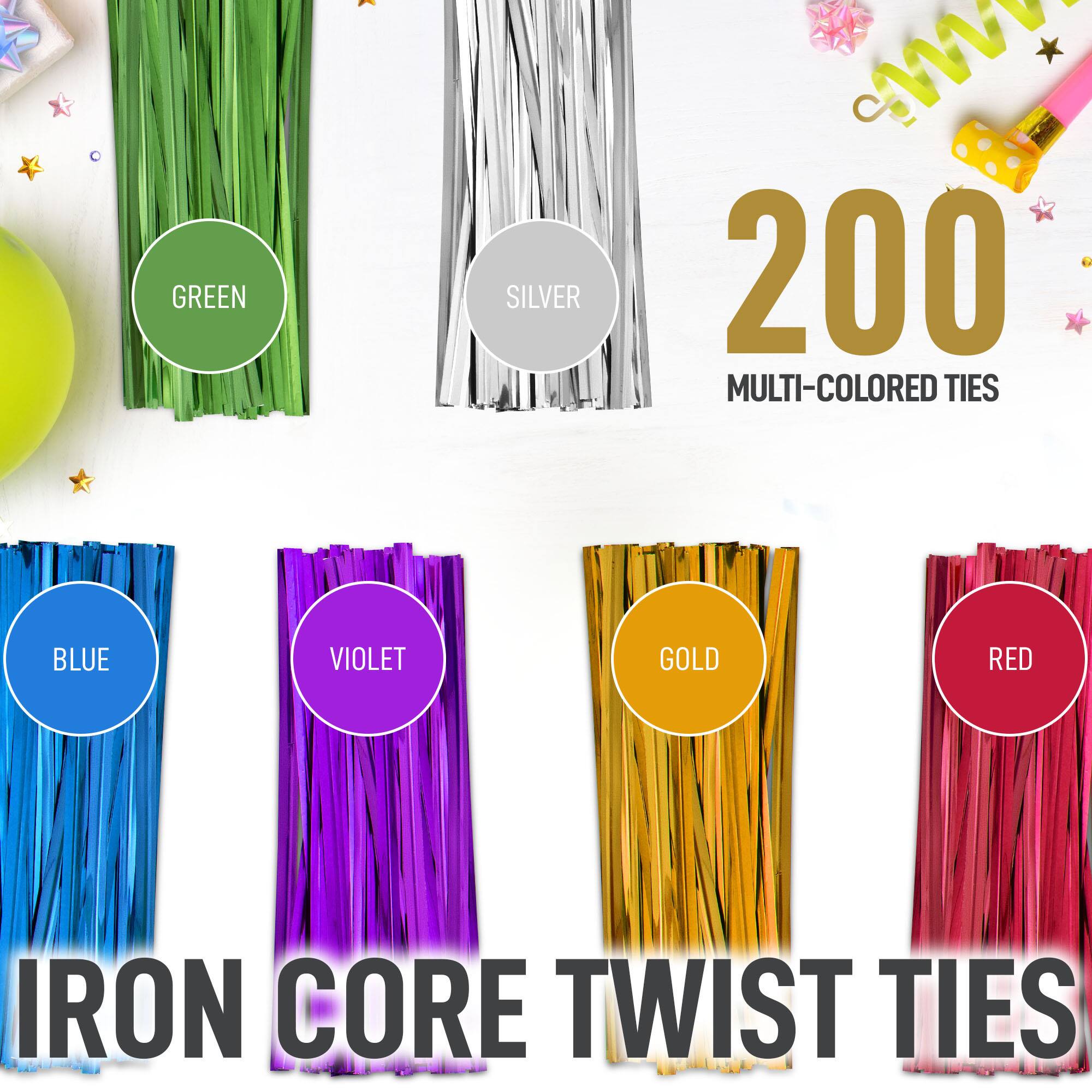 GREEN SILVER 200 MULTI-COLORED TIES BLUE VIOLET GOLD RED IRON CORE TWIST TIES