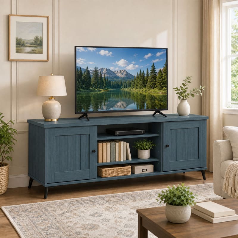 WELLFOR - Mid Century Modern TV Stand for TVs up to 65 Inch, Entertainment Center with 2 Door & Open Shelf for Living Room - Turquoise price history on PriceWatchPro