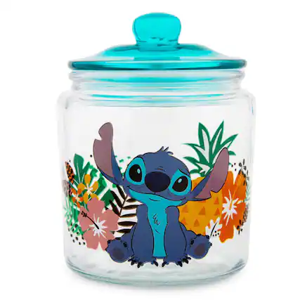 Front. Silver Buffalo - Disney Lilo & Stitch Glass Snack Jar Container With Lid | 6 Inches Tall - Blue.