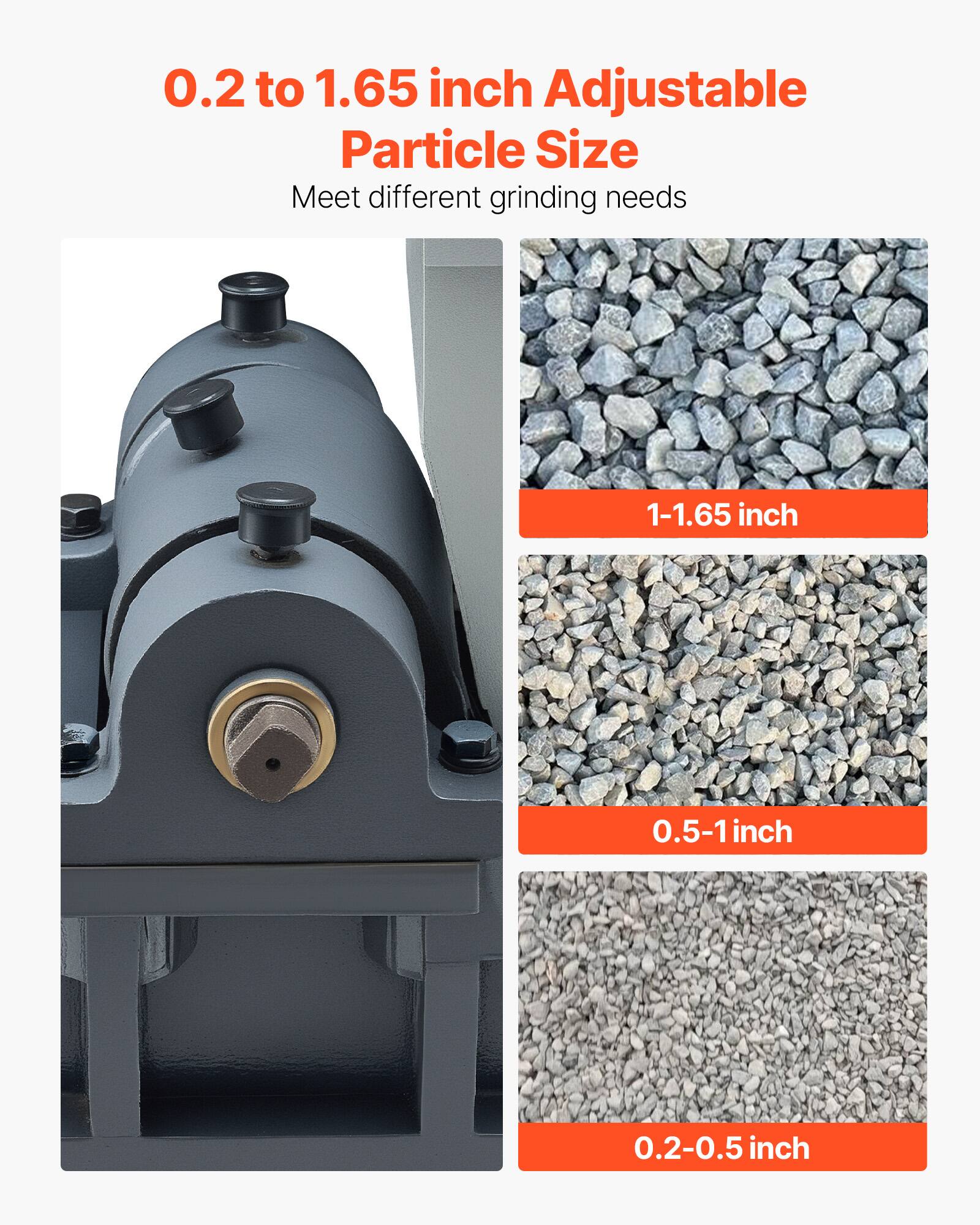 0.2 to 1.65 inch Adjustable Particle Size  
Meet different grinding needs

1-1.65 inch  
0.5-1 inch  
0.2-0.5 inch