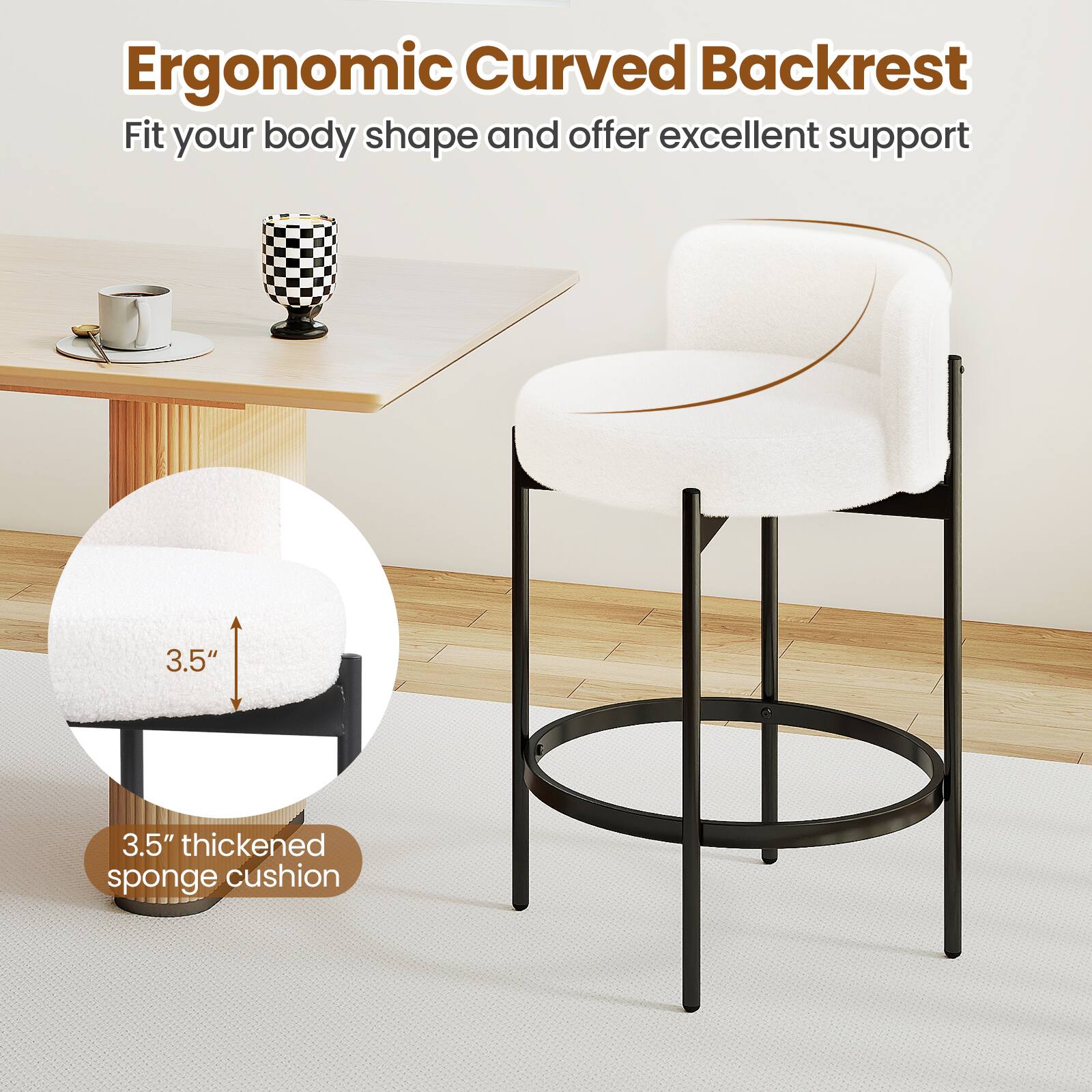 Ergonomic Curved Backrest: Fit your body shape and offer excellent support. 3.5" thickened sponge cushion.
