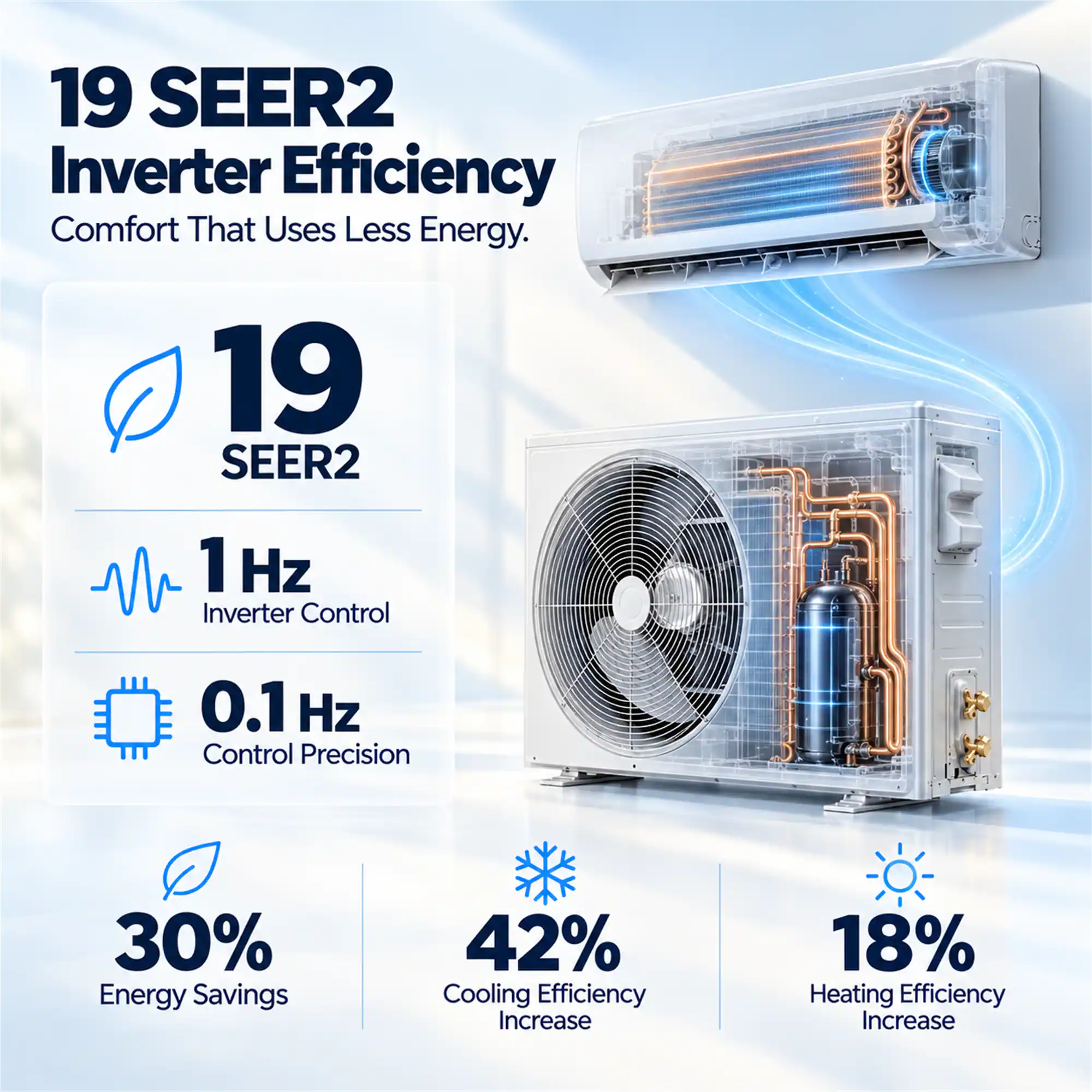 19 SEER2 Inverter Efficiency Comfort That Uses Less Energy.  
19 SEER2  
1 Hz Inverter Control  
0.1 Hz Control Precision  
30% Energy Savings  
42% Cooling Efficiency Increase  
18% Heating Efficiency Increase