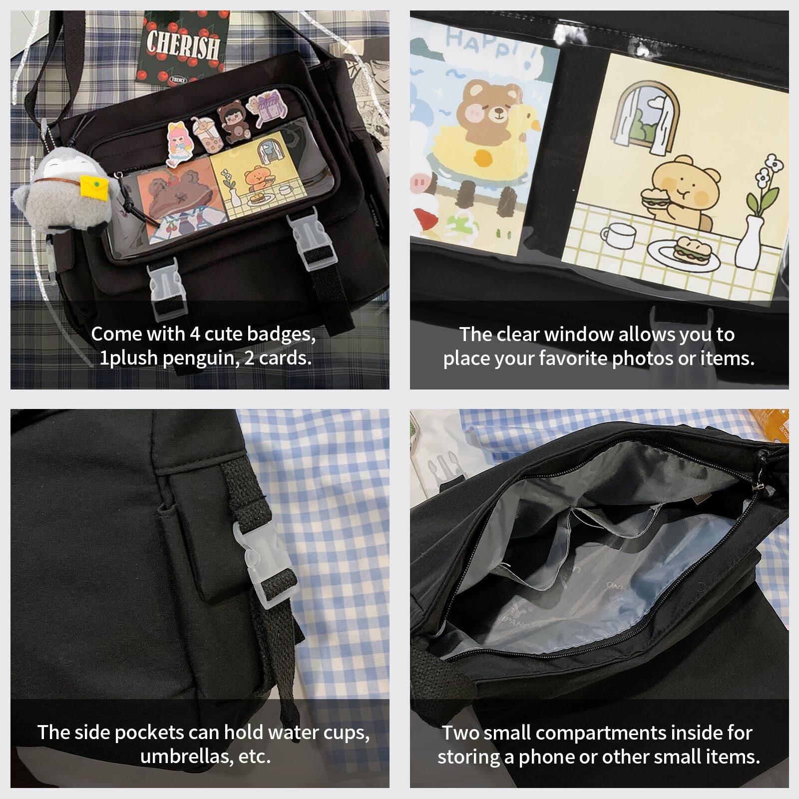 Sure, here is the corrected and grouped text from the image:

---

**CHERISH**

- Come with 4 cute badges, 1 plush penguin, 2 cards.
- The clear window allows you to place your favorite photos or items.
- The side pockets can hold water cups, umbrellas, etc.
- Two small compartments inside for storing a phone or other small items.

---
