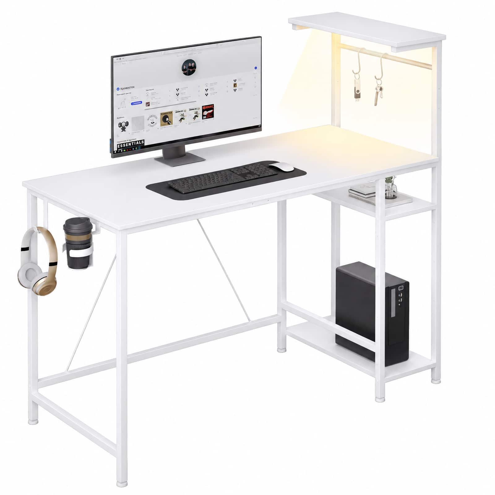 Comhoma - RGB Office Desk Reversible Executive Desk 4-Tier Storage with LED Lighting,Hooks and Cup Holder - White