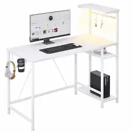 Comhoma - RGB Office Desk Reversible Executive Desk 4-Tier Storage with LED Lighting,Hooks and Cup Holder - White