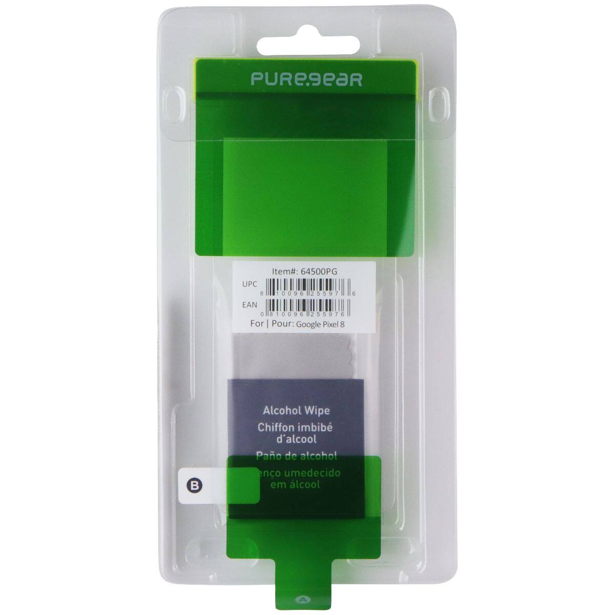 PURE9eAR  
Item#: 64500PG  
UPC: 8100962559716  
EAN: 81009625507  

For | Pour: Google Pixel 8  

Alcohol Wipe  
Chiffon imbibé d'alcool  
Pano de álcool eno umedecido em álcool