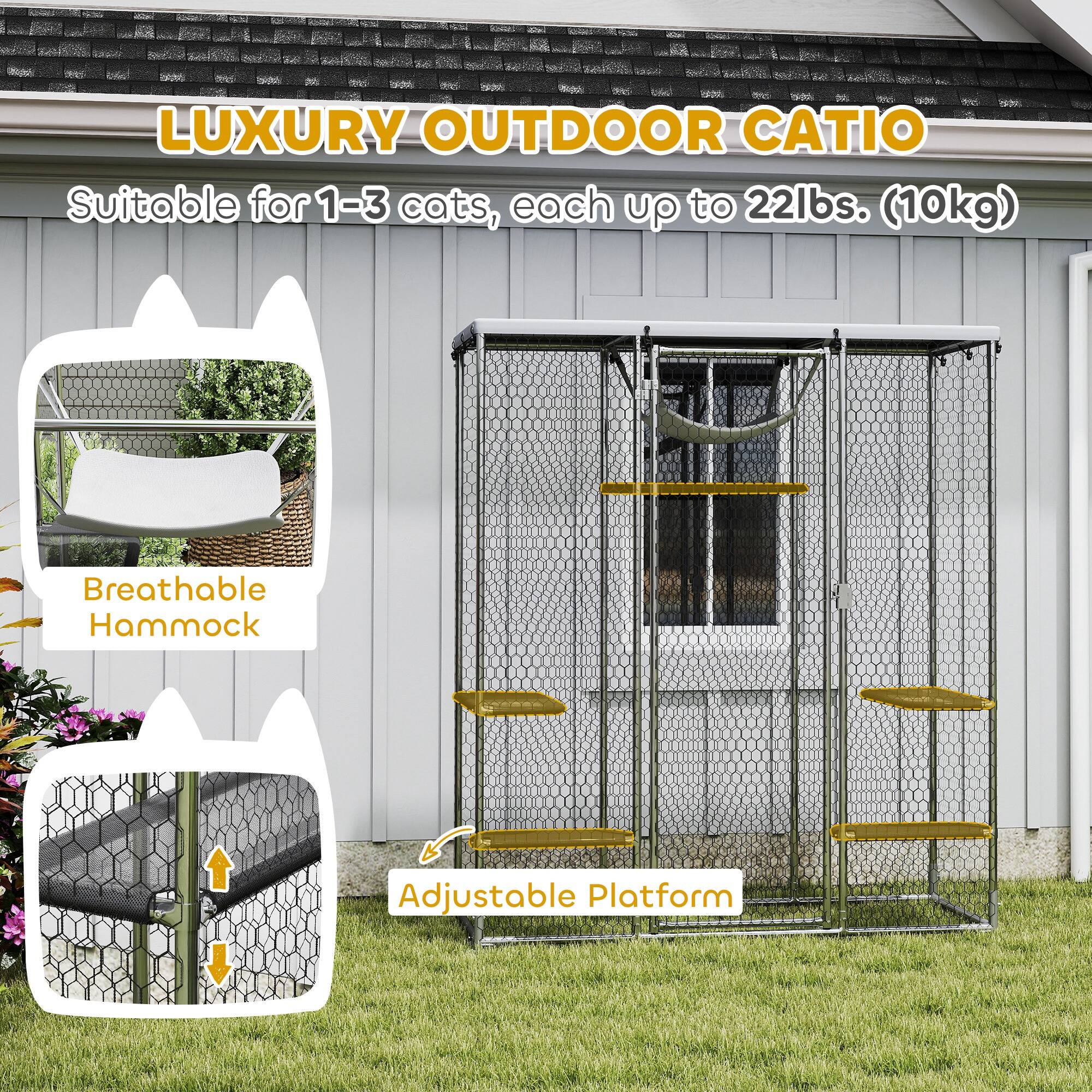 LUXURY OUTDOOR CATIO  
Suitable for 1-3 cats, each up to 22lbs. (10kg)  

Breathable Hammock  
Adjustable Platform
