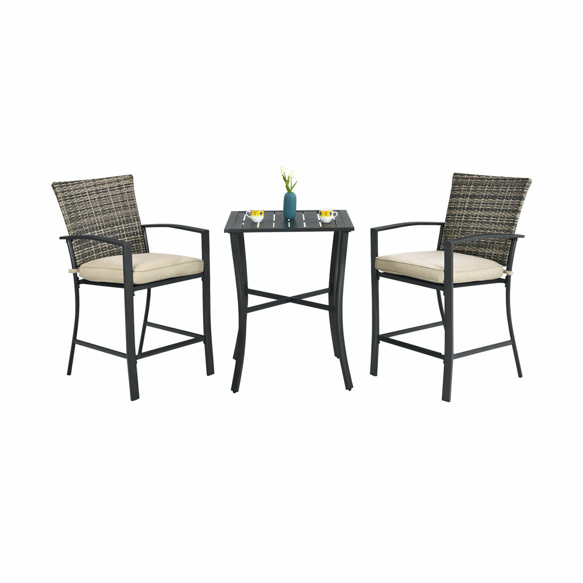 Alt View 1. Gymax - Gymax 3PCS Patio Metal Bar Set Outdoor Conversation Furniture Set w/ Cushions - Grey.