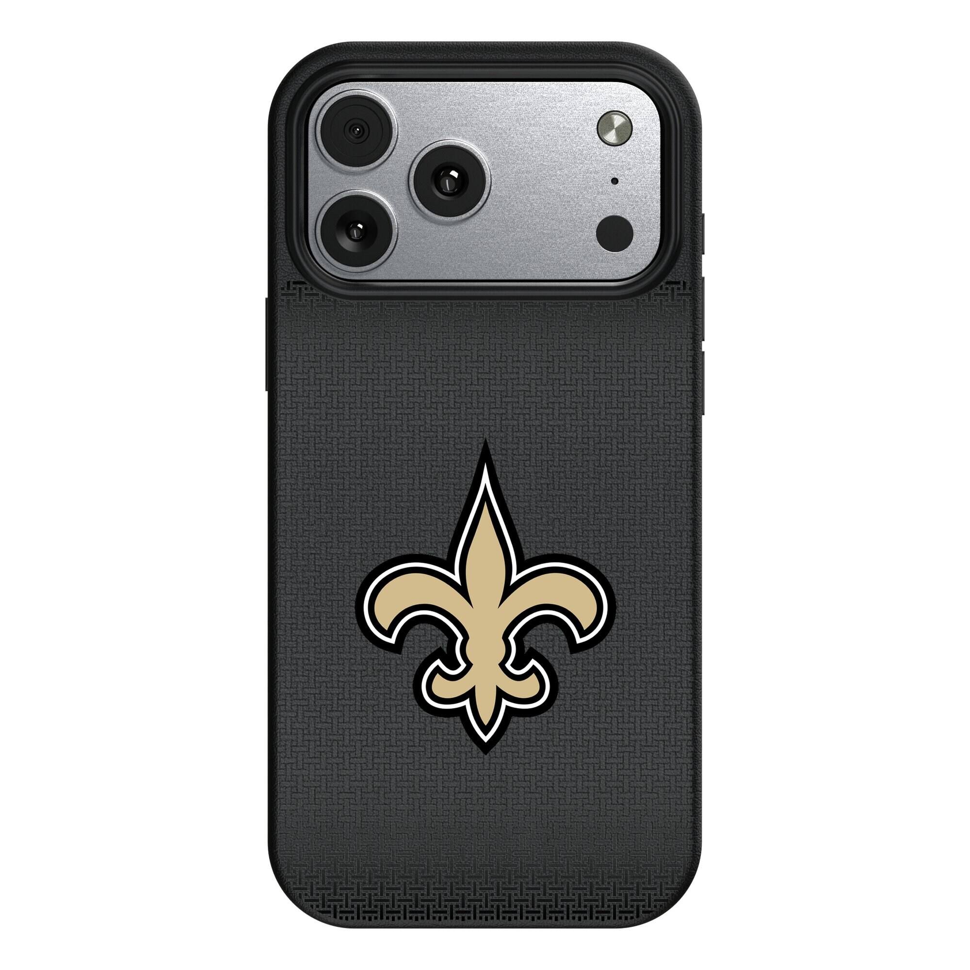 Front. Keyscaper - New Orleans Saints Linen Logo iPhone Magnetic Bump Case - 17 Pro Max - Black.