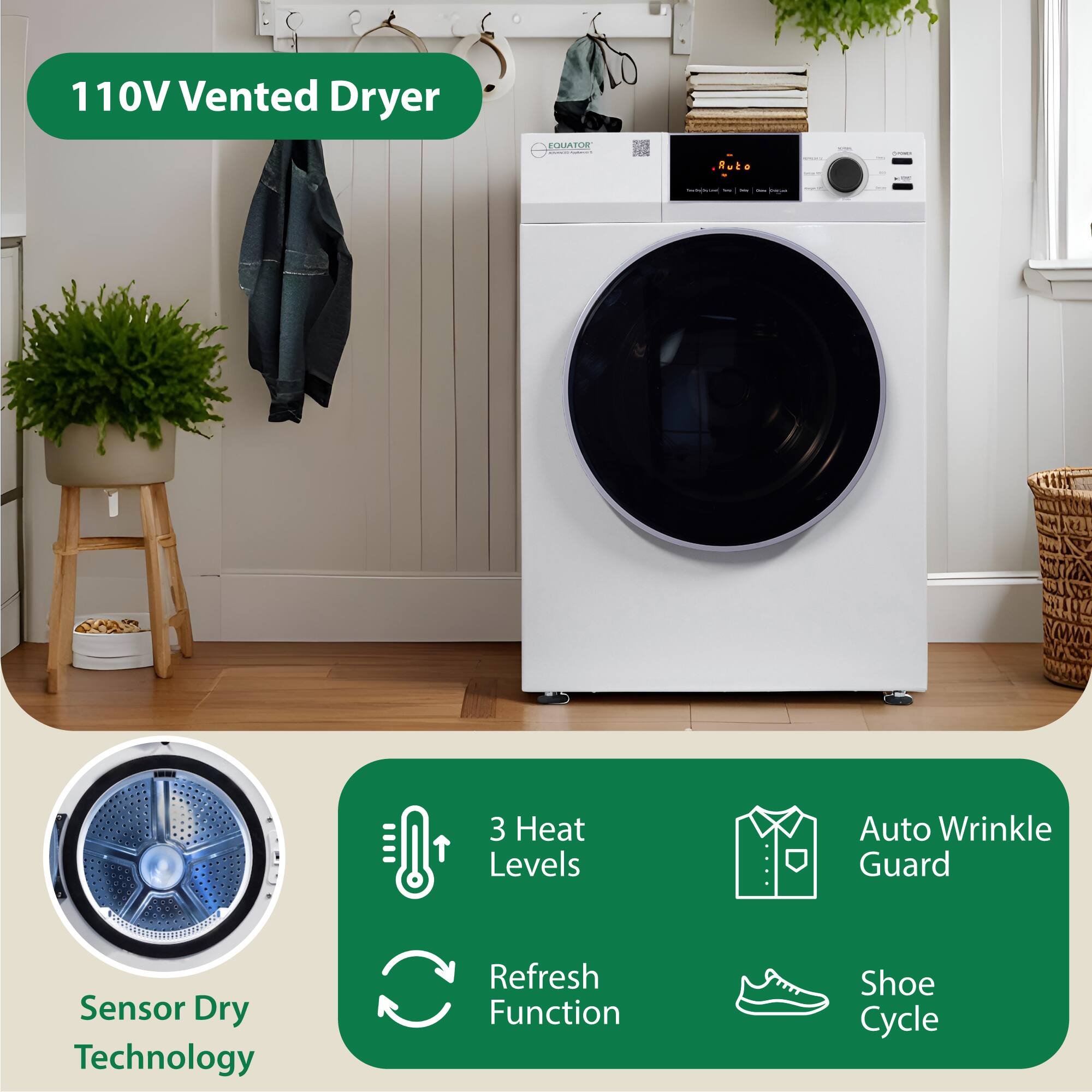 110V Vented Dryer

- Sensor Dry Technology
- 3 Heat Levels
- Refresh Function
- Auto Wrinkle Guard
- Shoe Cycle