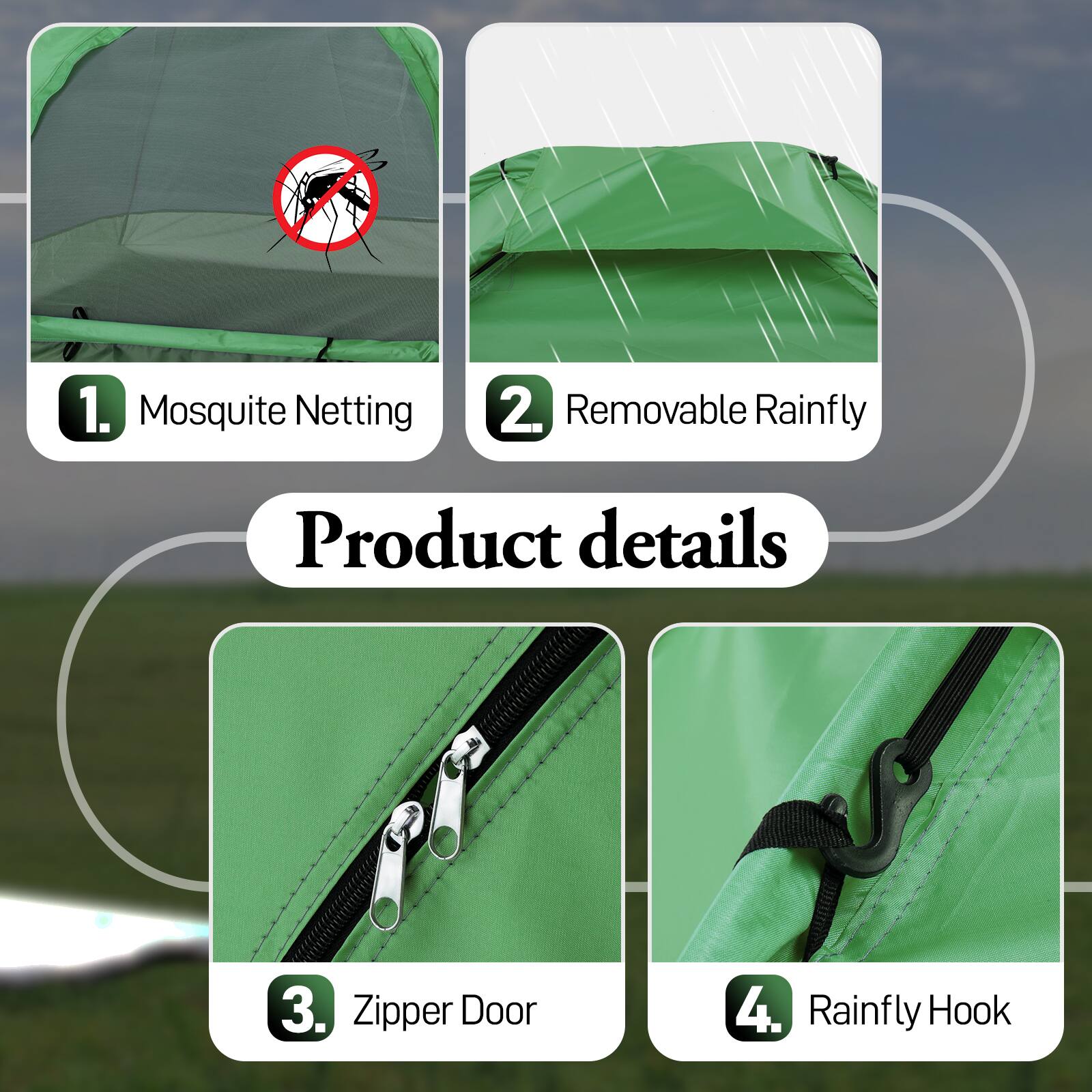 1. Mosquito Netting  
2. Removable Rainfly  
3. Zipper Door  
4. Rainfly Hook
