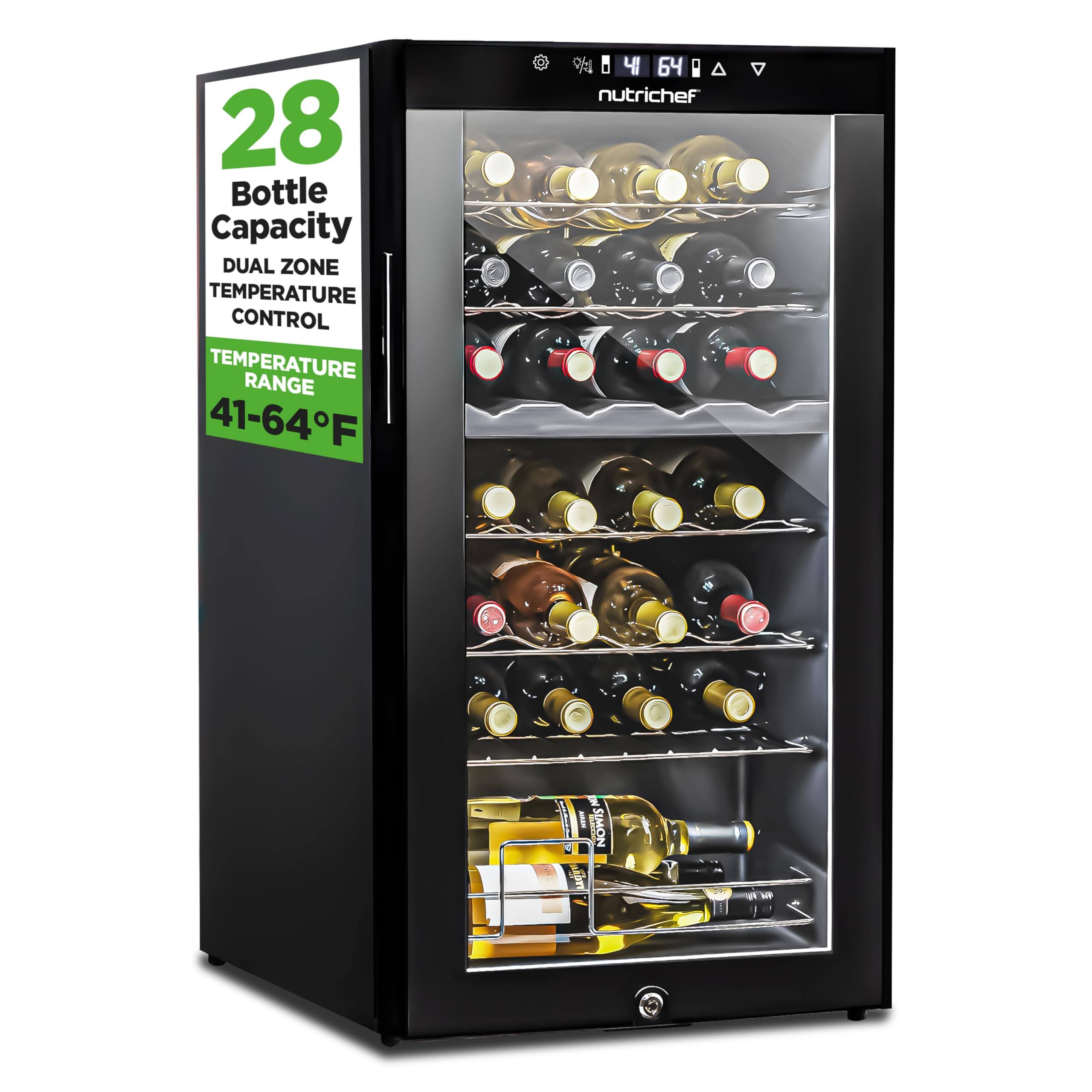 28 Bottle Capacity  
DUAL ZONE TEMPERATURE CONTROL  
TEMPERATURE RANGE 41-64°F  

nutrichef