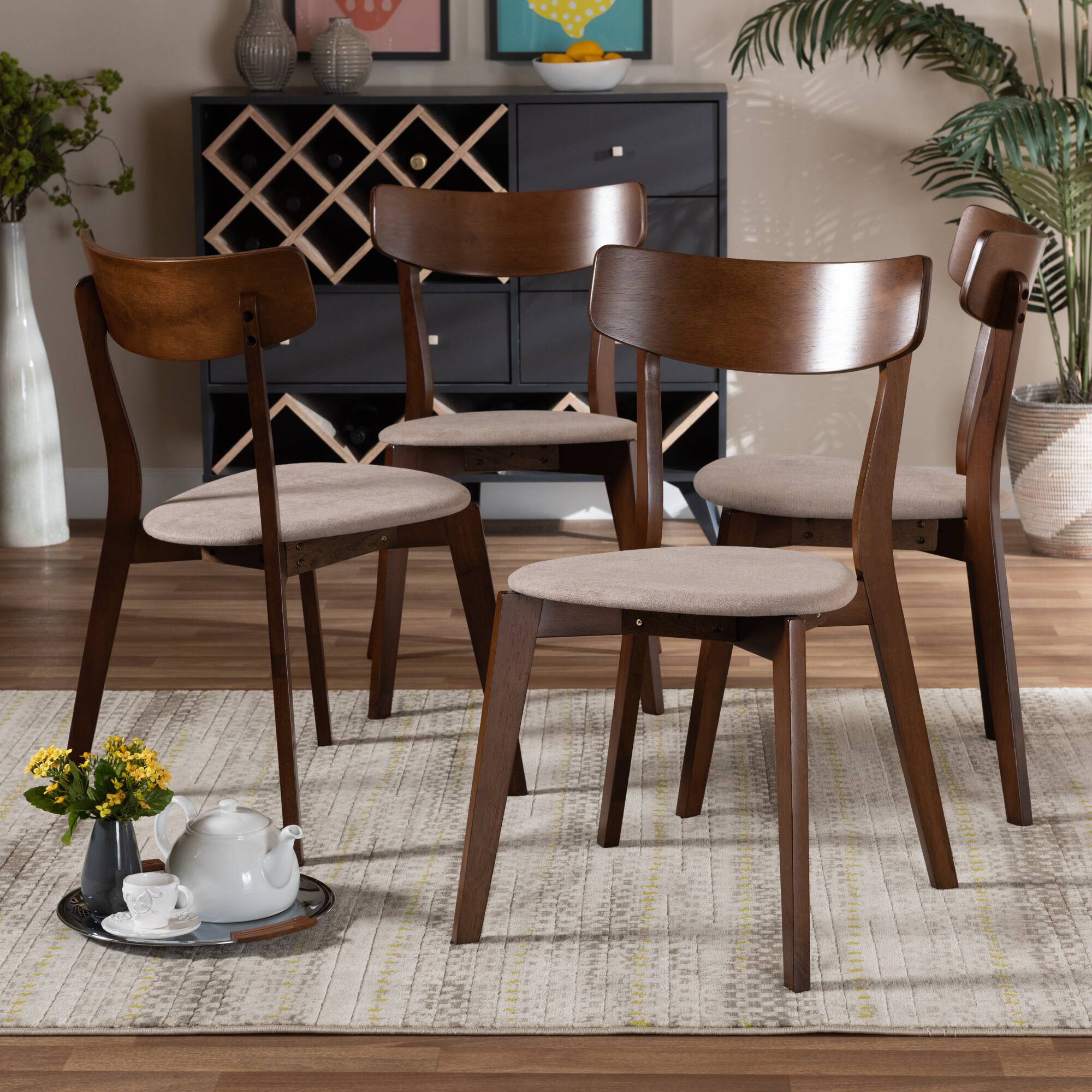 Back. Baxton Studio - Iora Mid Century Fabric Upholstered and Finished Wood 4-Piece Dining Chair Set - Light Beige/Walnut.