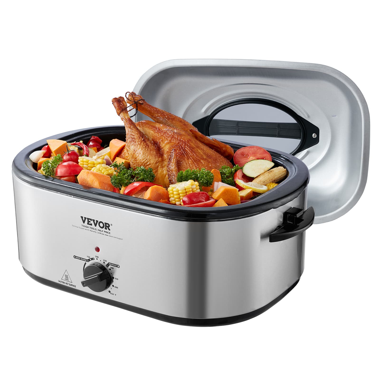 VEVOR - Electric Roaster Oven, 24 QT Turkey Roaster Oven with Self-Basting Lid, 1450W Roaster Oven with Defrost & Warm Function - Silver
