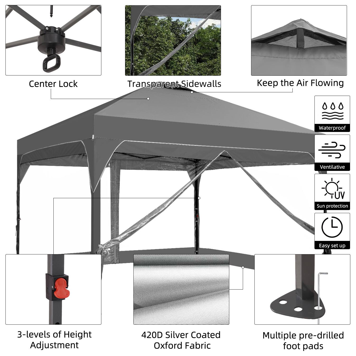 - Center Lock
- Transparent Sidewalls
- Keep the Air Flowing
- Waterproof
- Ventilative
- UV Sun protection
- Easy set up
- 3-levels of Height Adjustment
- 420D Silver Coated Oxford Fabric
- Multiple pre-drilled foot pads