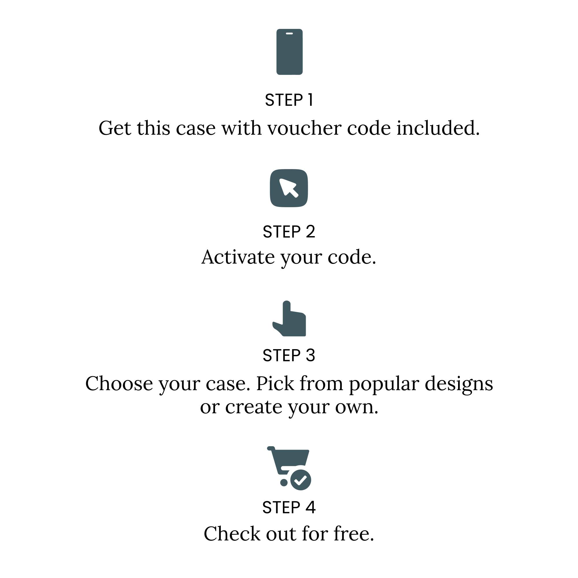 STEP 1: Get this case with voucher code included.
STEP 2: Activate your code.
STEP 3: Choose your case. Pick from popular designs or create your own.
STEP 4: Check out for free.