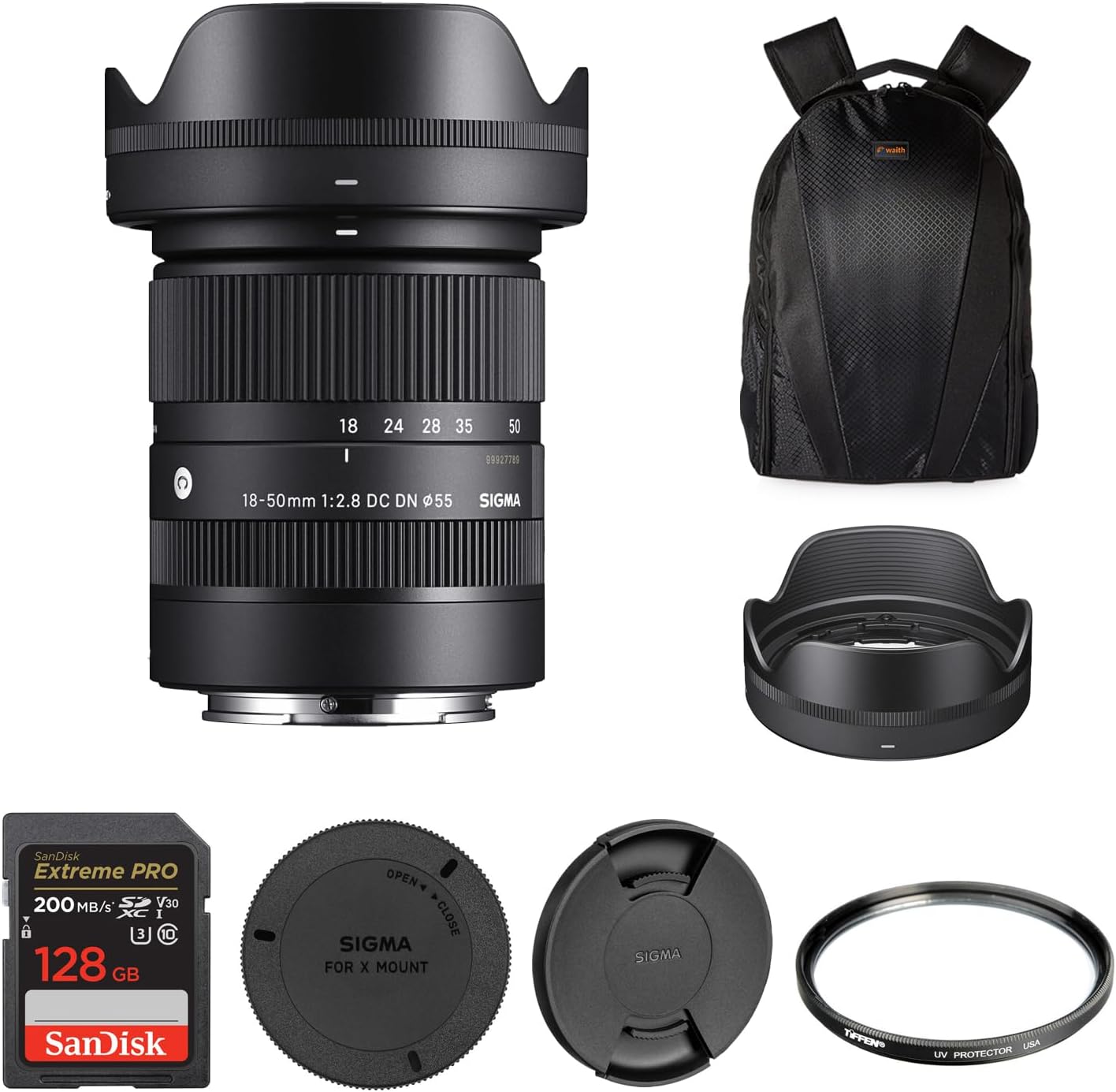 Sigma - 18-50mm F2.8 DC DN Contemporary Lens for Fujifilm X+Tiffen UV+128GB (Set)