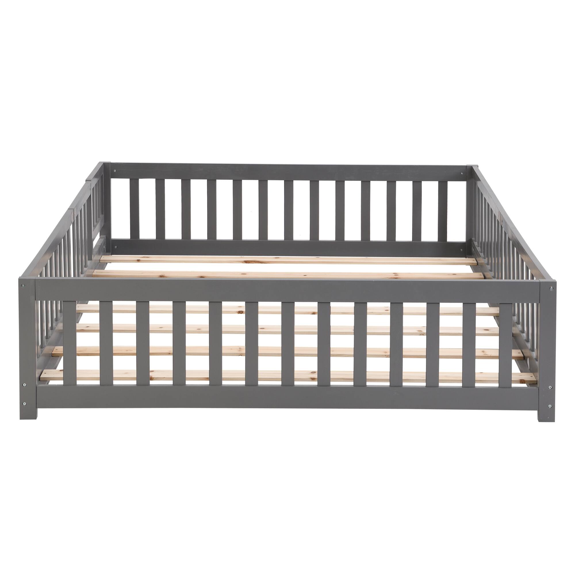 Left. GOODSILO - Twin Size Solid Wood Platform Floor Bed with Safety Guardrails and Door for Children's Room - Gray.