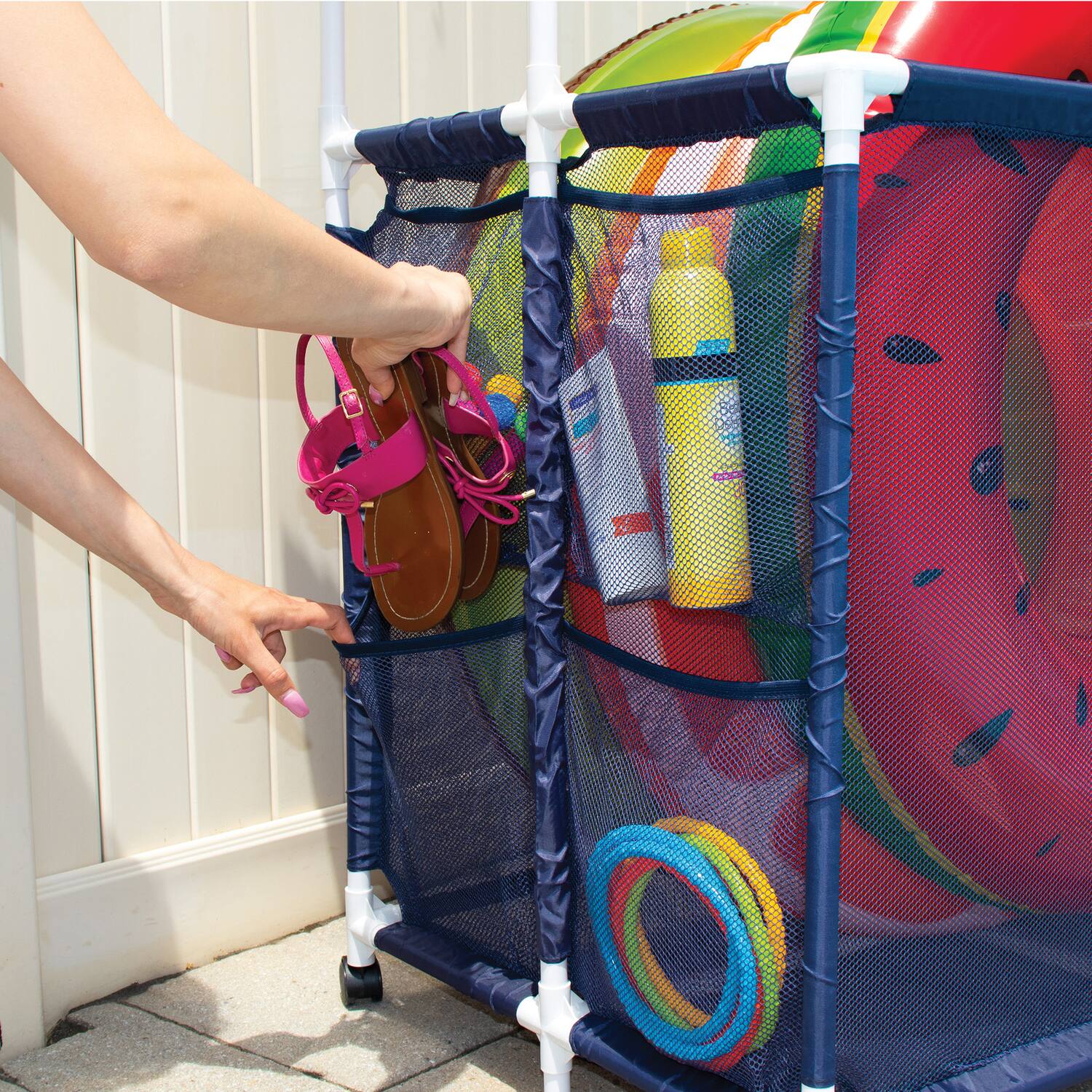 Alt View 2. Pool Bins - Pool Storage Mesh Rolling Organizer with Noodle Holder, Extra Large, 23" x 35.3" x 59.4", PB-Z700.