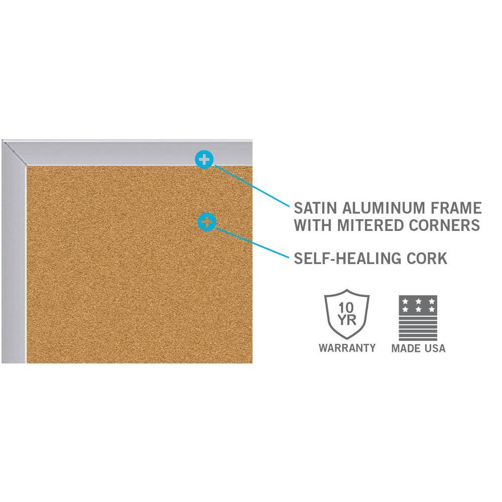 Satin aluminum frame with mitered corners, self-healing cork, 10 yr warranty, made USA