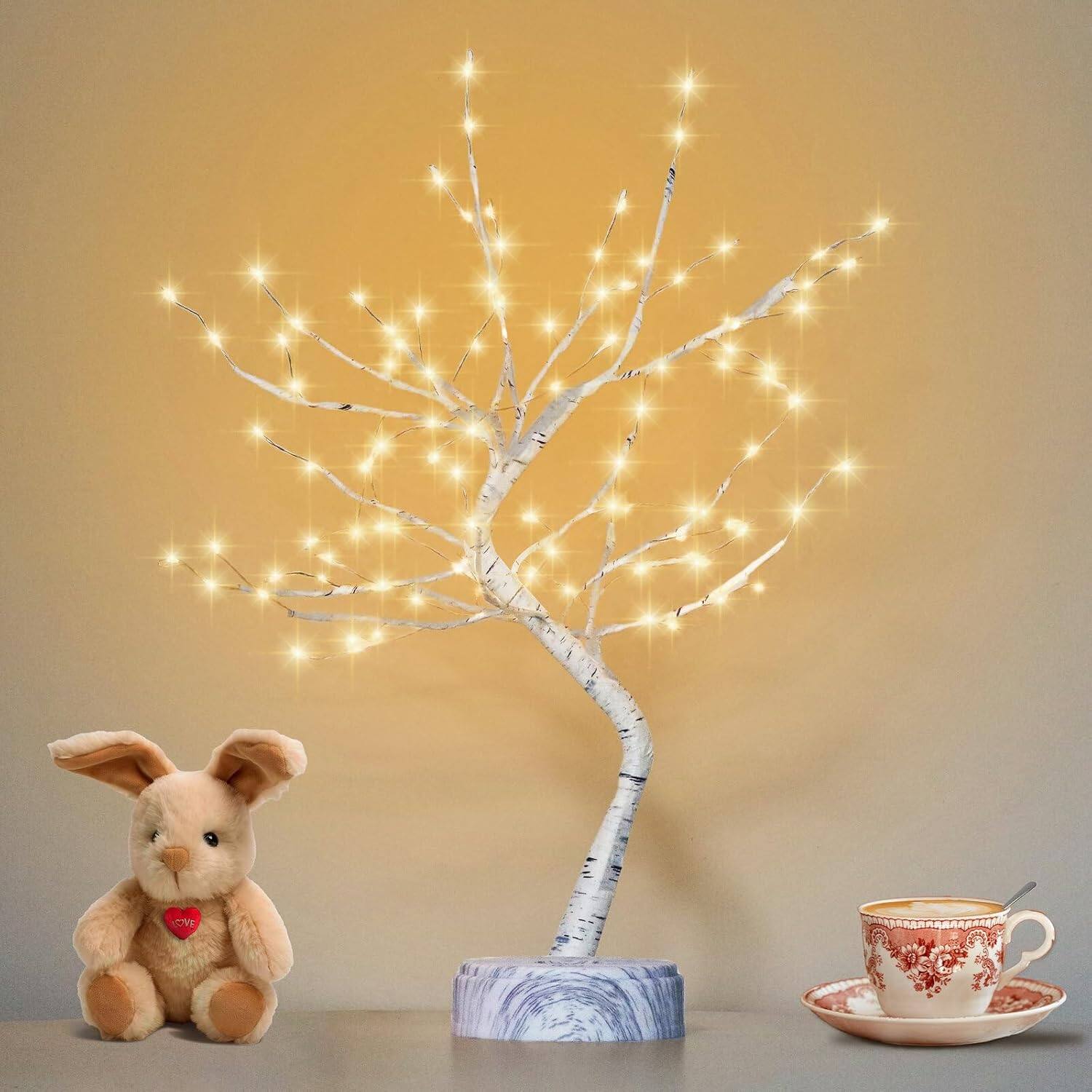 Stamp n Camp - OTAVILEM LED Tabletop Bonsai Tree Light Aesthetic Tree Lamps for Living Room Cute Night Light Battery/USB Operated - White Woodgrain
