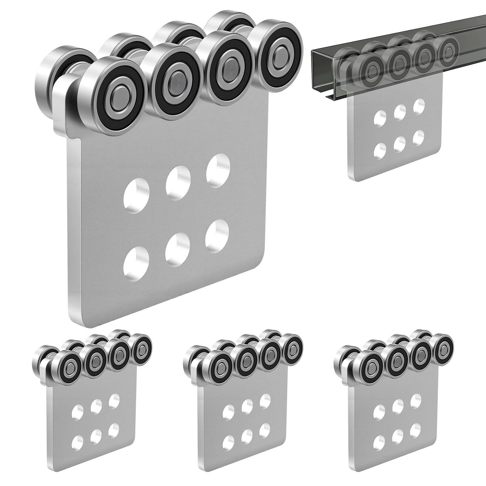 Front. VEVOR - 8 Wheel Trolley Assembly Rollers, 4 Pcs 3000 lbs Load, Dual Bearing Trolley Assembly for 1-5/8" Wide and All 1-5/8" - Silver.