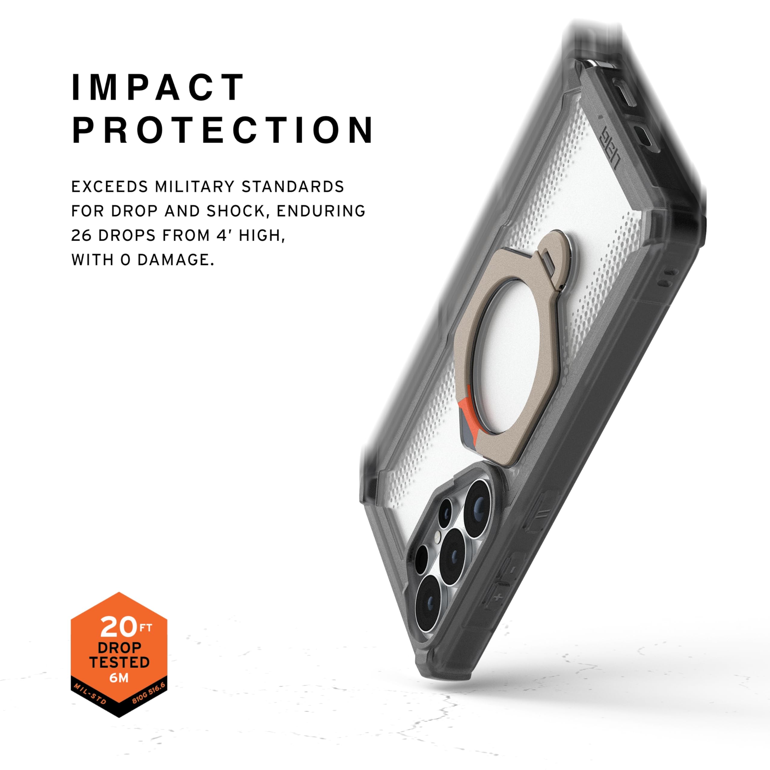 IMPACT PROTECTION

EXCEEDS MILITARY STANDARDS FOR DROP AND SHOCK, ENDURING 26 DROPS FROM 4' HIGH, WITH 0 DAMAGE.

20 FT DROP TESTED 6M

MIL-STD-810G
