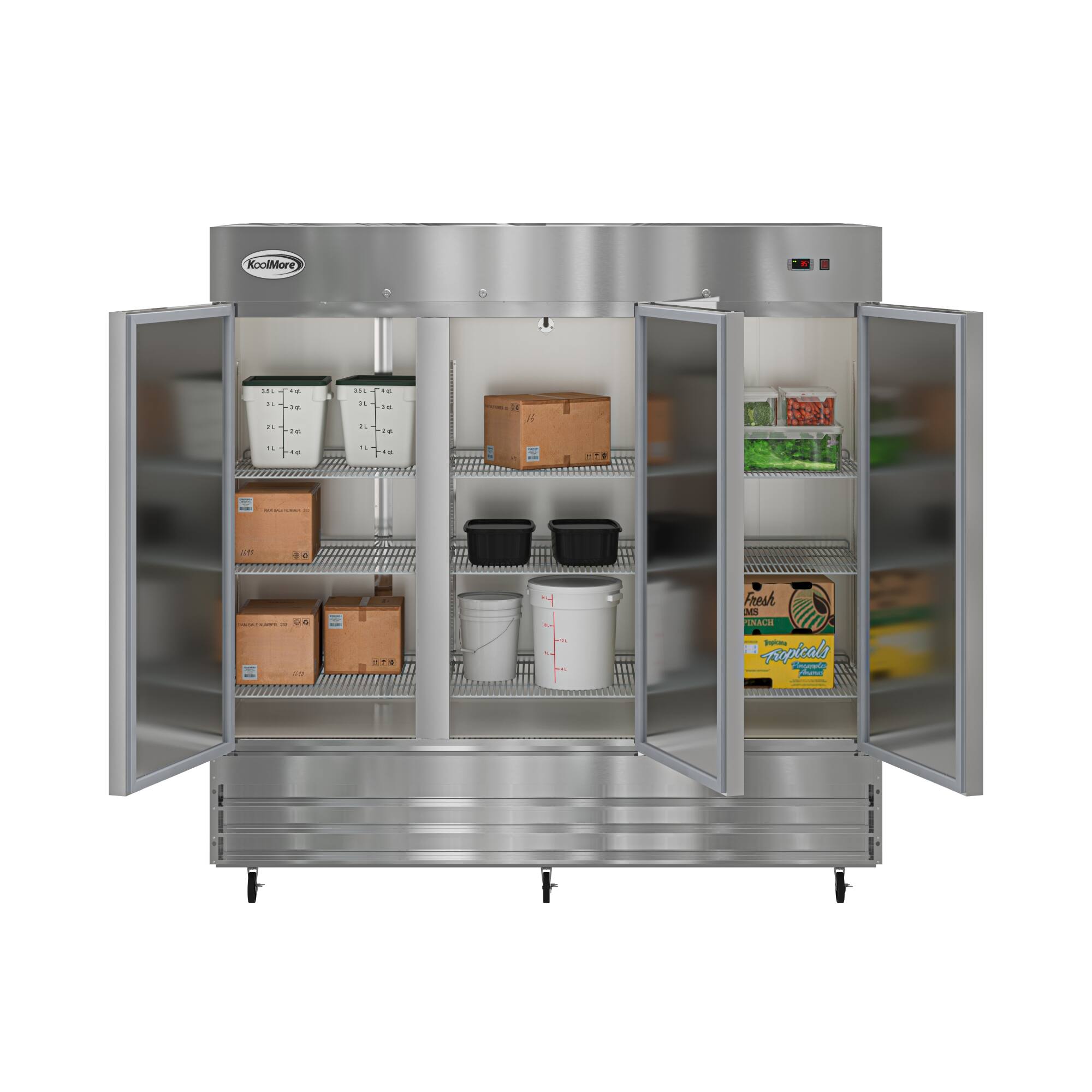 The image features a large refrigerator with a variety of food items inside. There are several bowls of different sizes placed on the shelves, as well as some bottles. The refrigerator is filled with a variety of food items, including a box of broccoli and a box of oranges. The refrigerator is also stocked with a variety of other food items, making it a well-stocked and diverse food storage area.
