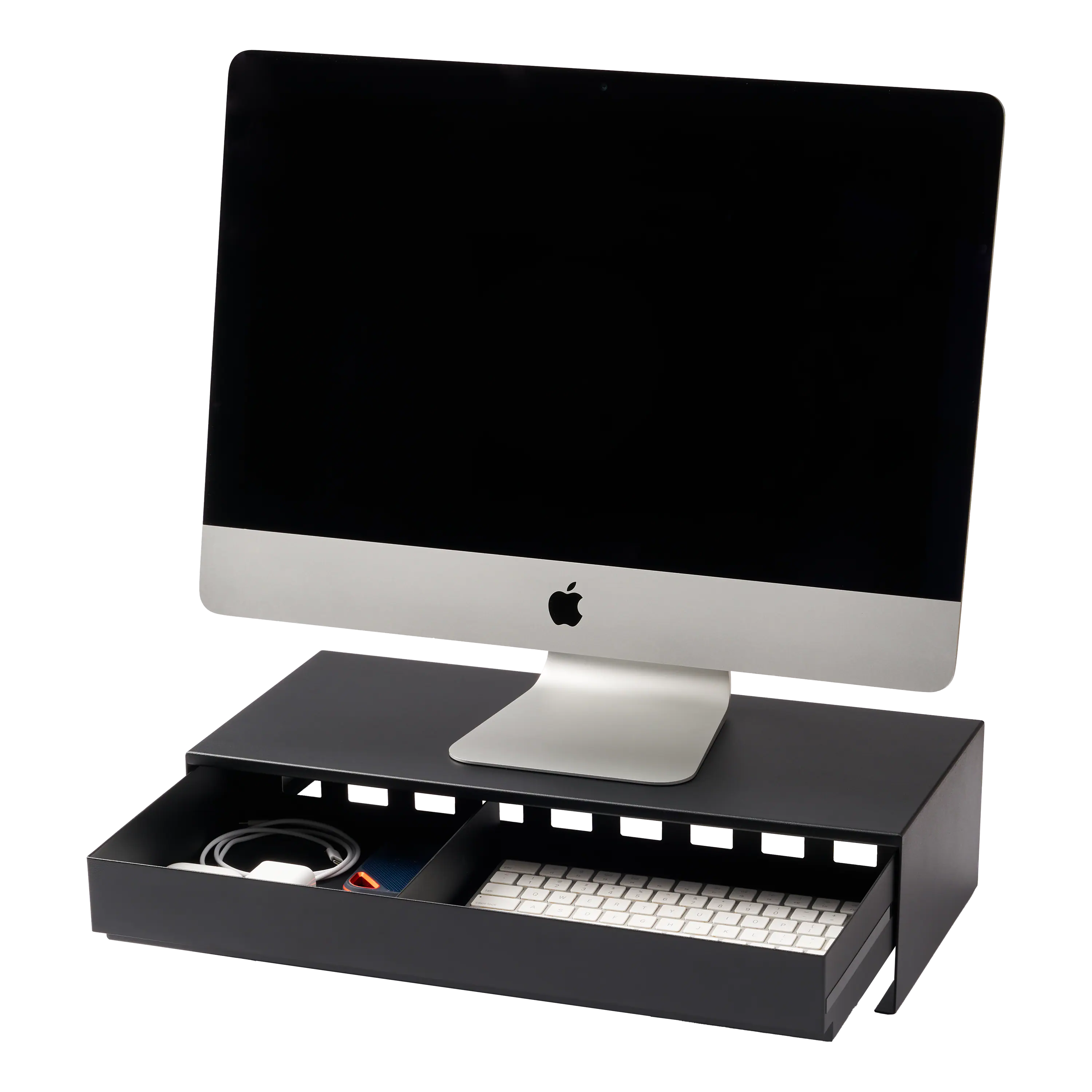 Angle. Yamazaki Home - Monitor Stand With Drawer - Steel - Black.