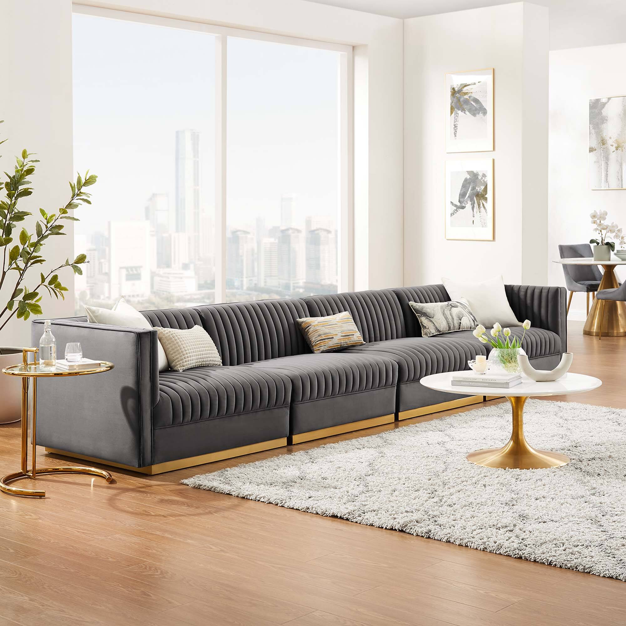 Alt View 6. Modway - Sanguine Channel Tufted Performance Velvet 4-Seat Modular Sectional Sofa by Modway - Gray.