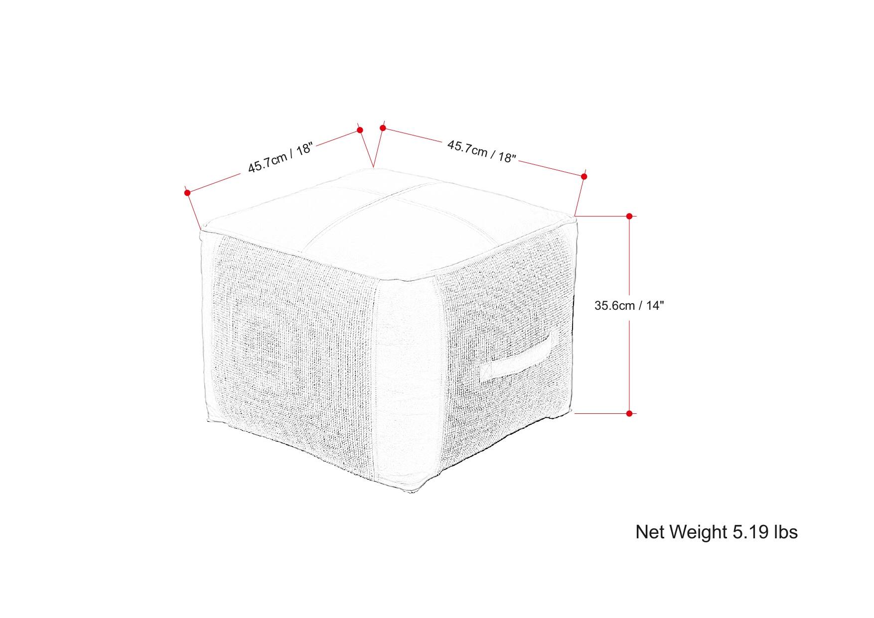 - 45.7 cm / 18"
- 45.7 cm / 18"
- 35.6 cm / 14"
- Net Weight 5.19 lbs