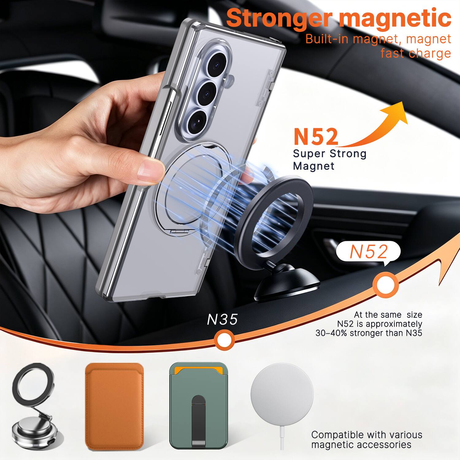 Stronger magnetic  
Built-in magnet, magnet fast charge

N52  
Super Strong Magnet

N52  
At the same size N52 is approximately 30-40% stronger than N35

Compatible with various magnetic accessories
