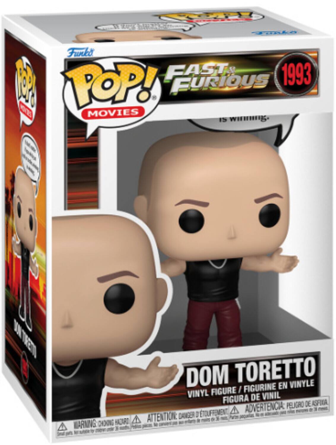 Funko POP! Movies  
Fast & Furious 1993  
Dom Toretto  
Vinyl Figure / Figurine en Vinyle / Figura de Vinil  
Warning: Choking Hazard - Small parts. Not for children under 3 years.  
Attention: Danger d'étouffement - Petits pièces. Ne convient pas aux enfants de moins de 3 ans.  
Advertencia: Peligro de asfixia - Piezas pequeñas. No es adecuado para menores de 3 años.