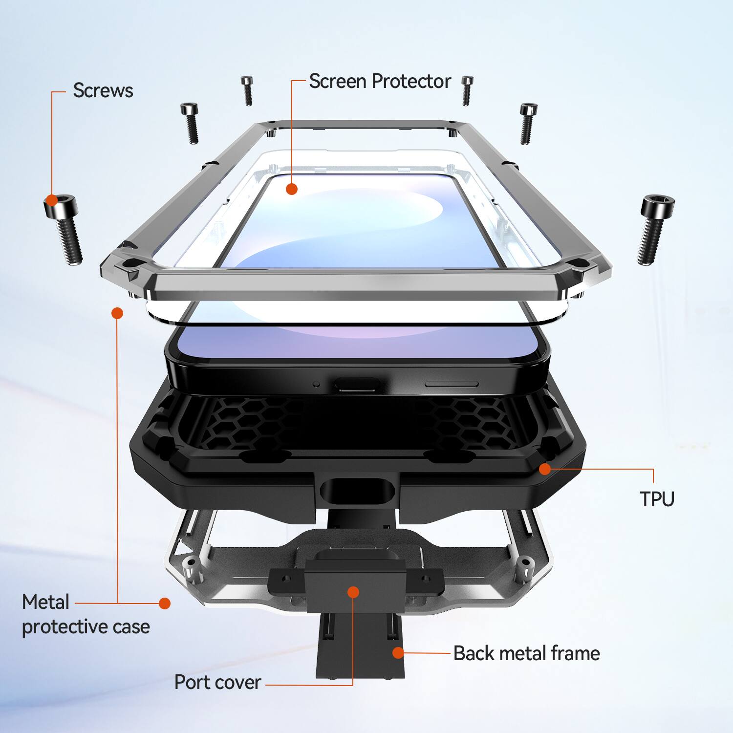 Screws  
Screen Protector  
TPU  
Metal protective case  
Port cover  
Back metal frame