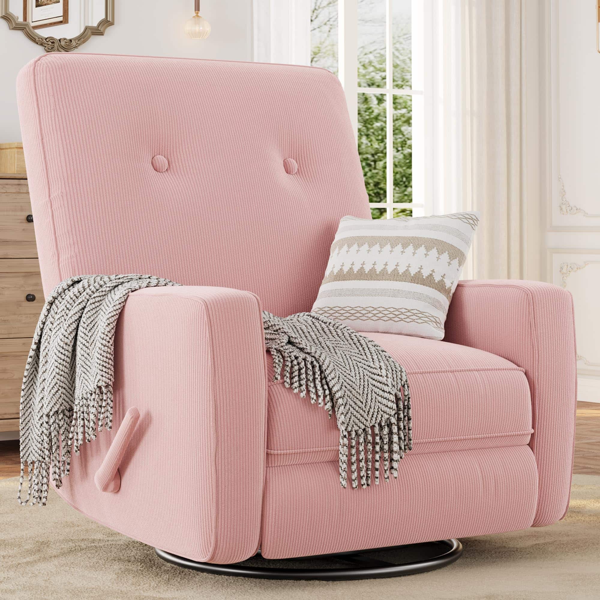 Jojoka - 360° Swivel Rocker Recliner, Corduroy Mamual Recliner Chair for Nursery, Living Room, Bedroom & Small Spaces - Pink