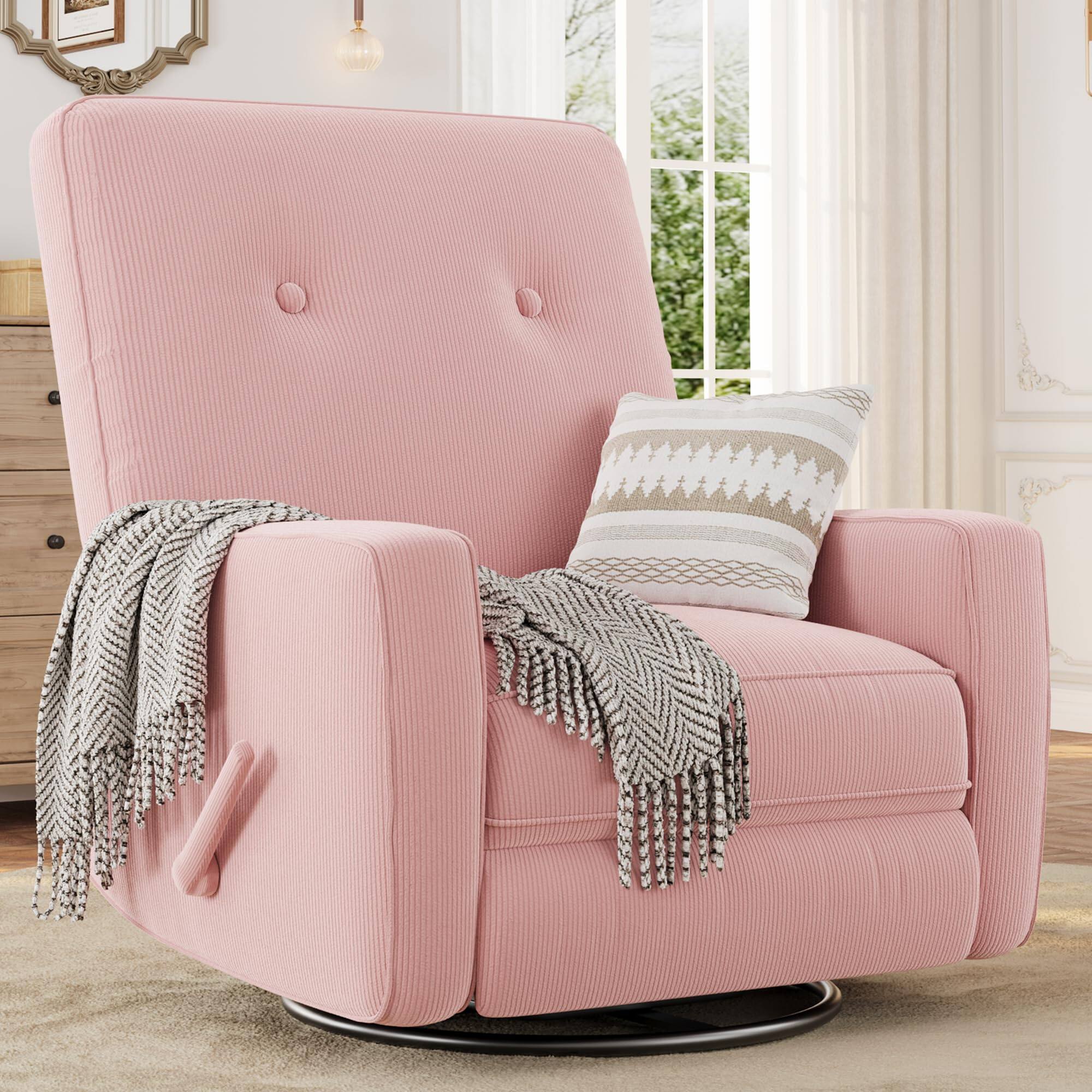 Front. Jojoka - 360° Swivel Rocker Recliner, Corduroy Mamual Recliner Chair for Nursery, Living Room, Bedroom & Small Spaces - Pink.