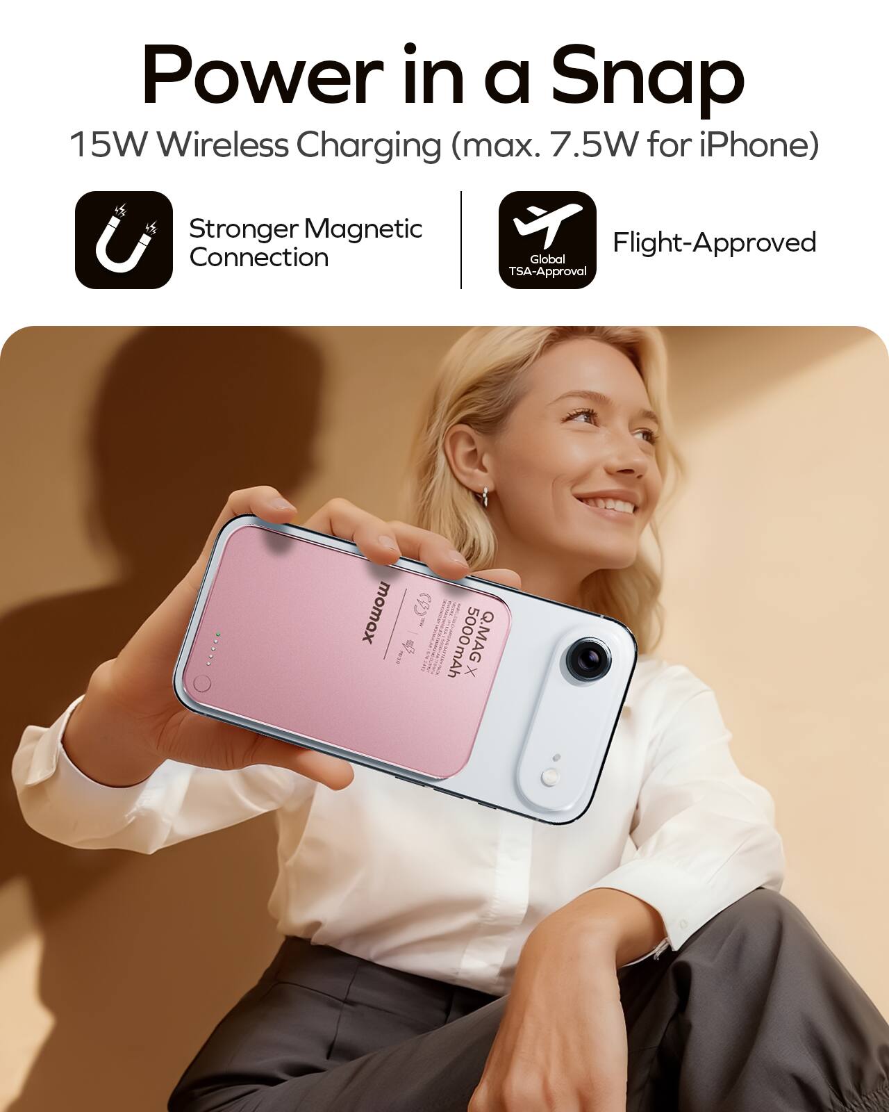 Power in a Snap  
15W Wireless Charging (max. 7.5W for iPhone)  
Stronger Magnetic Connection  
Flight-Approved  
Global TSA-Approval  

LOO momex  
5000mAh  
Q.MAG X