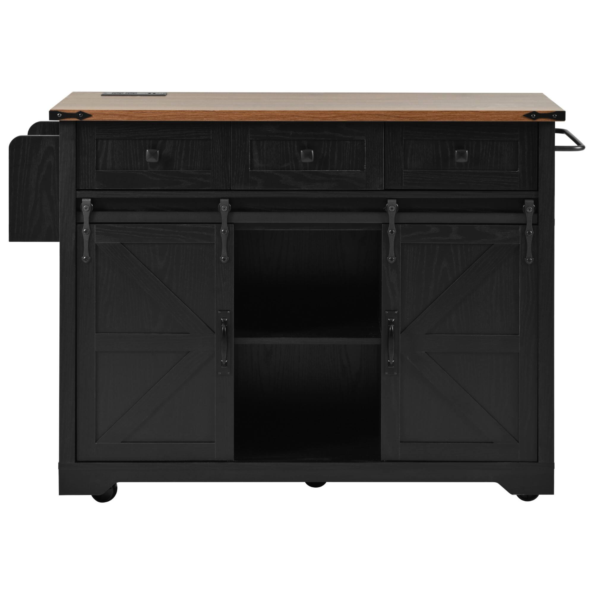 Alt View 7. ELEMENT ACE - Farmhouse Kitchen Island with Power Outlet, Drop Leaf, and Sliding Barn Doors for Versatile Storage - Black.