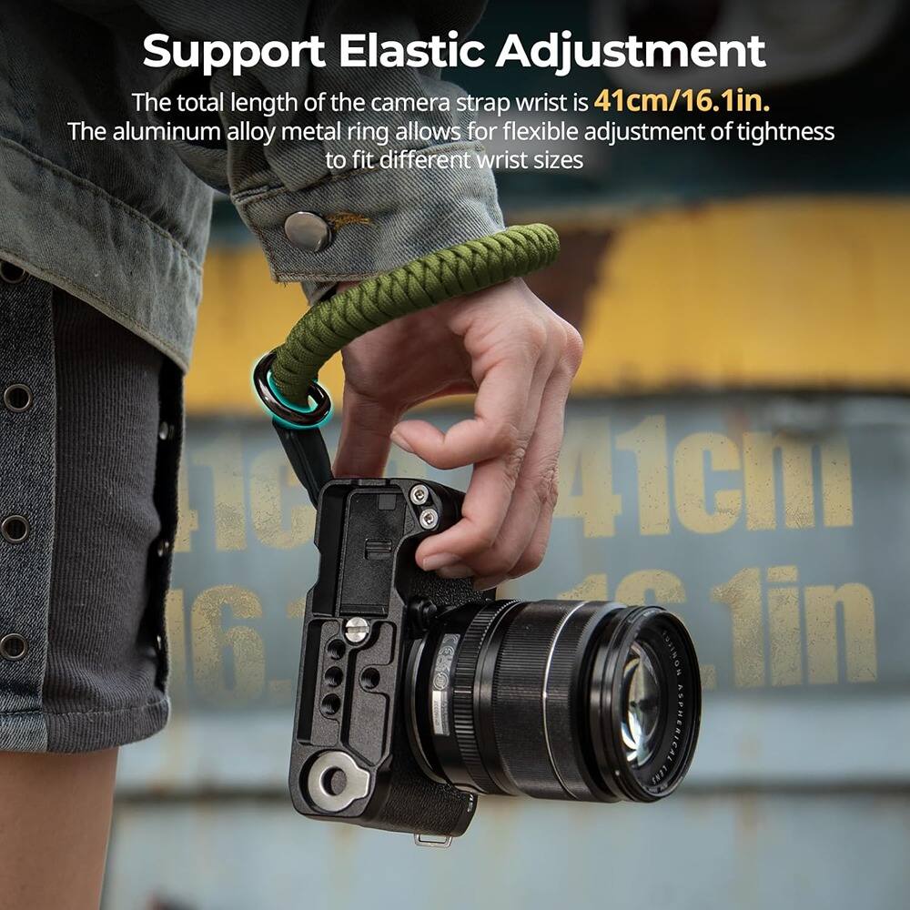 Support Elastic Adjustment

The total length of the camera strap wrist is 41cm/16.1in. The aluminum alloy metal ring allows for flexible adjustment of tightness to fit different wrist sizes.