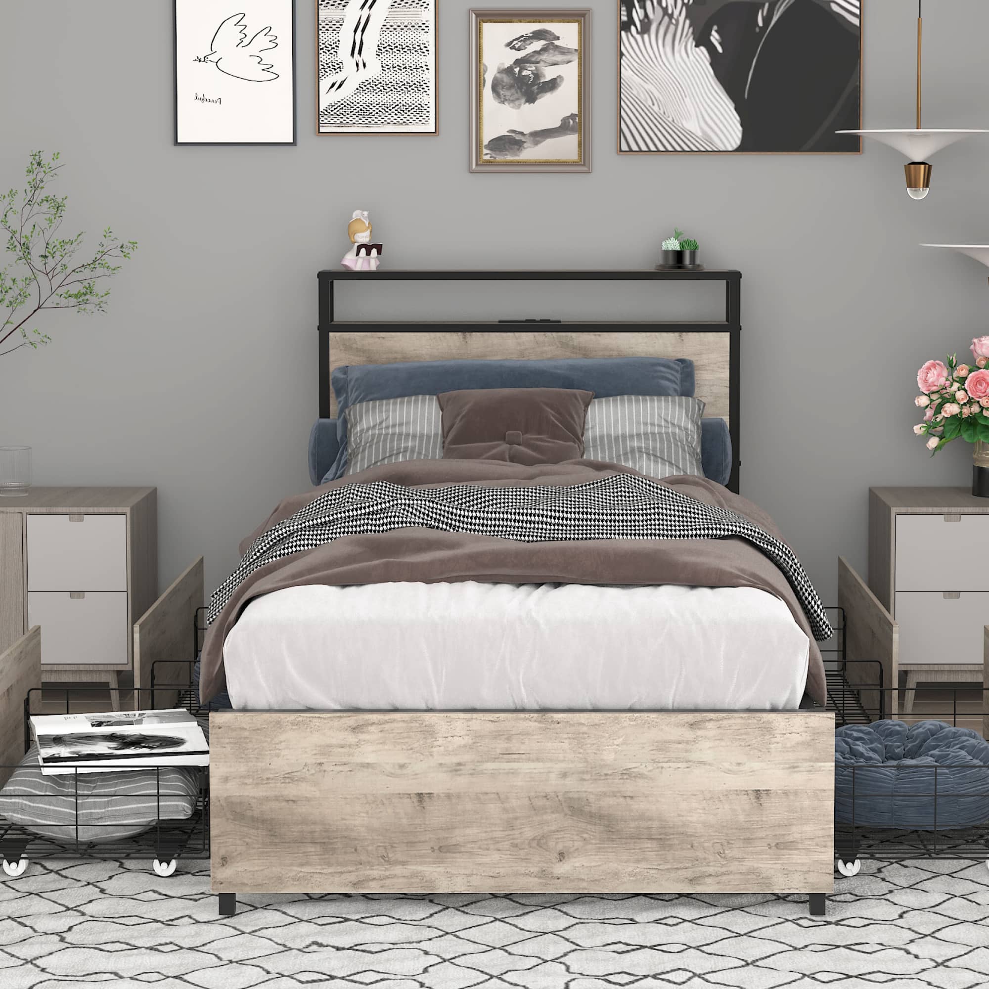 GOODSILO - Modern Twin Bed Frame with Storage Headboard, Charging Station, and LED Lighting Features - Gray Wash
