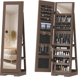 JUJABU - 360° Swivel Jewelry Cabinet Organizers with Full Length Mirror Best Gift for Girls - Red Brown