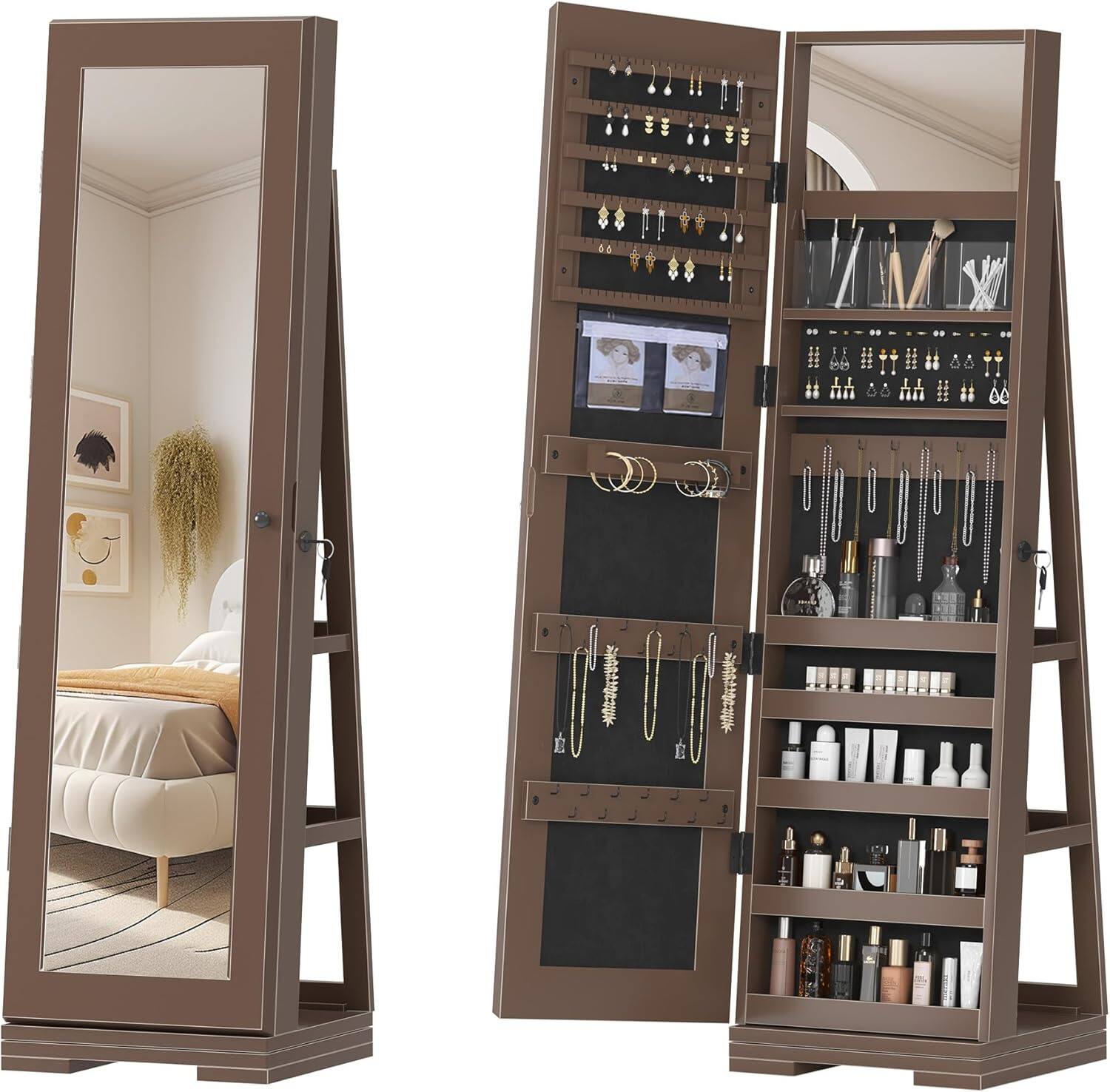 Front. JUJABU - Red Brown 360° Swivel Jewelry Cabinet Organizers with Full Length Mirror Best Gift for Girls - Red Brown.